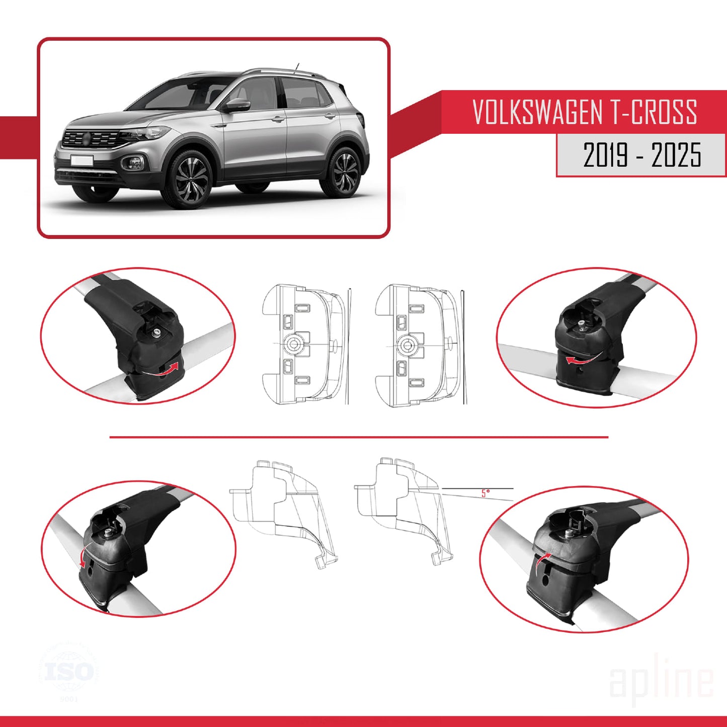 Compatible avec Volkswagen T-Cross (C11) 2019-2025 ACE-2 Barres de Toit Railing Porte-Bagages de Voiture Gris Aluminium 2 Barres