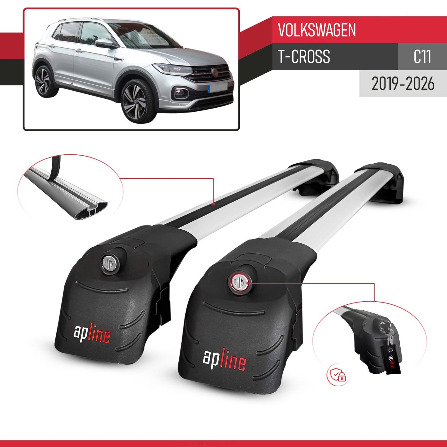 Compatible avec Volkswagen T-Cross (C11) 2019-2026 ACE-2 modèle Barres de Toit Railing Porte-Bagages de Voiture Gris Aluminium Barres