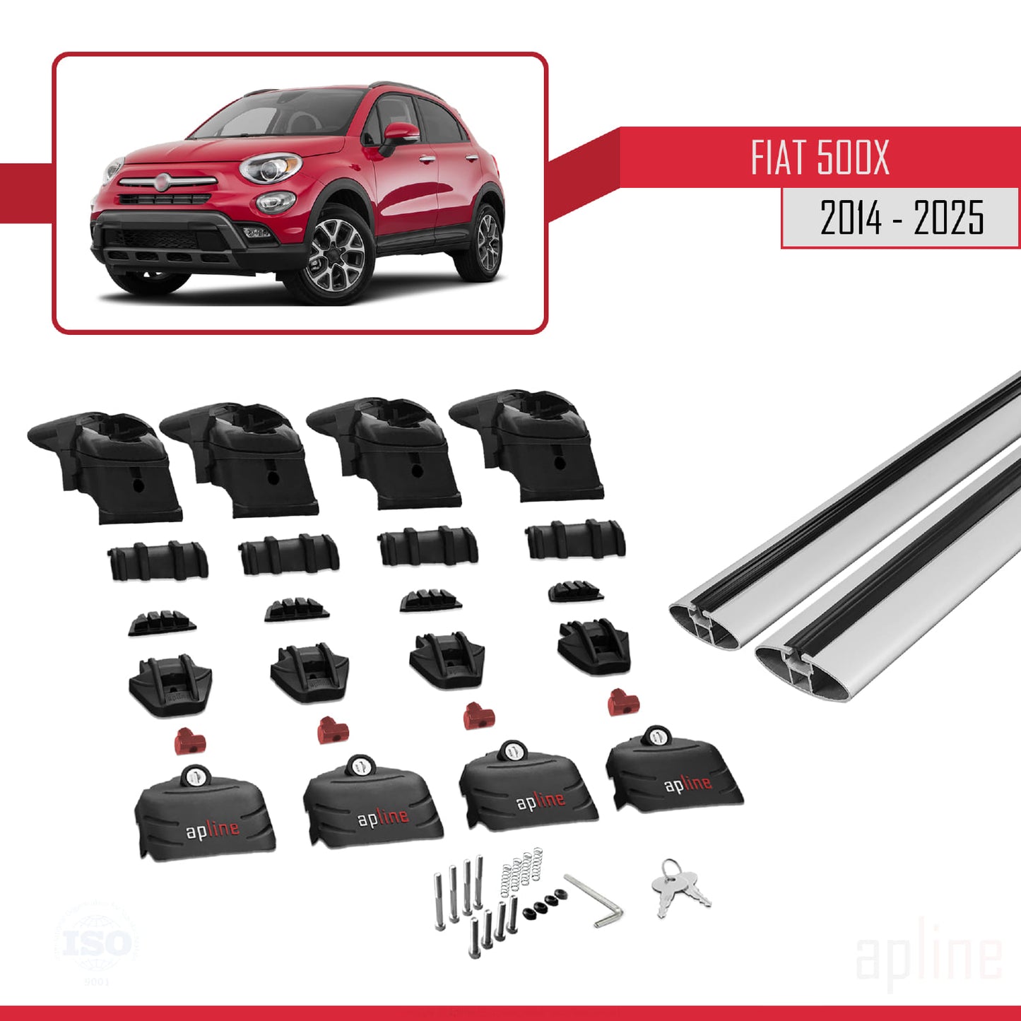 Kompatibel mit Fiat 500X 2014-2025 ACE-2 Dachgepäckträger, Reling, Gepäckträger, graues Aluminium, 2 Stangen