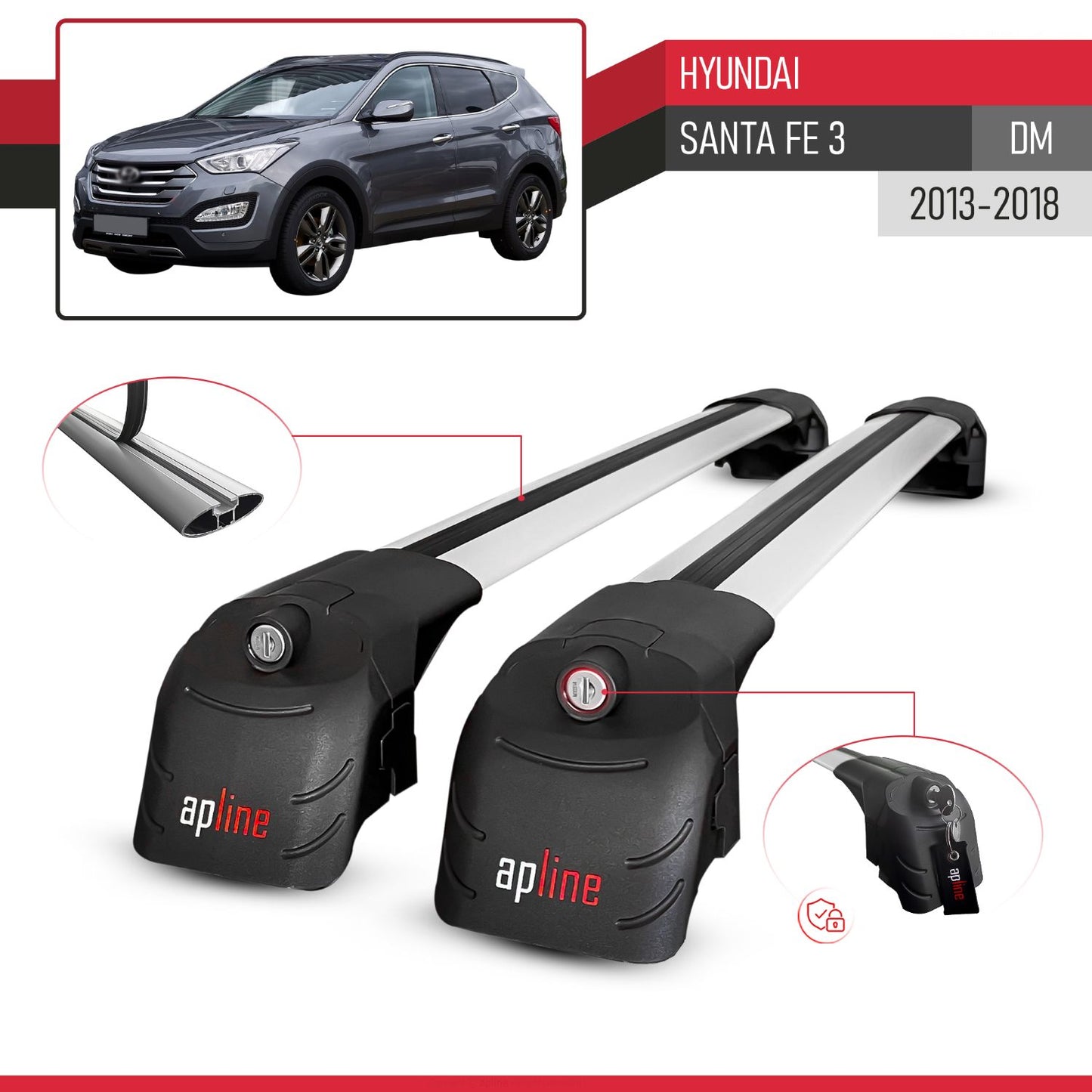 Compatible avec Hyundai Santa Fe 3 (DM) 2013-2018 ACE-2 modèle Barres de Toit Railing Porte-Bagages de Voiture Gris Aluminium Barres