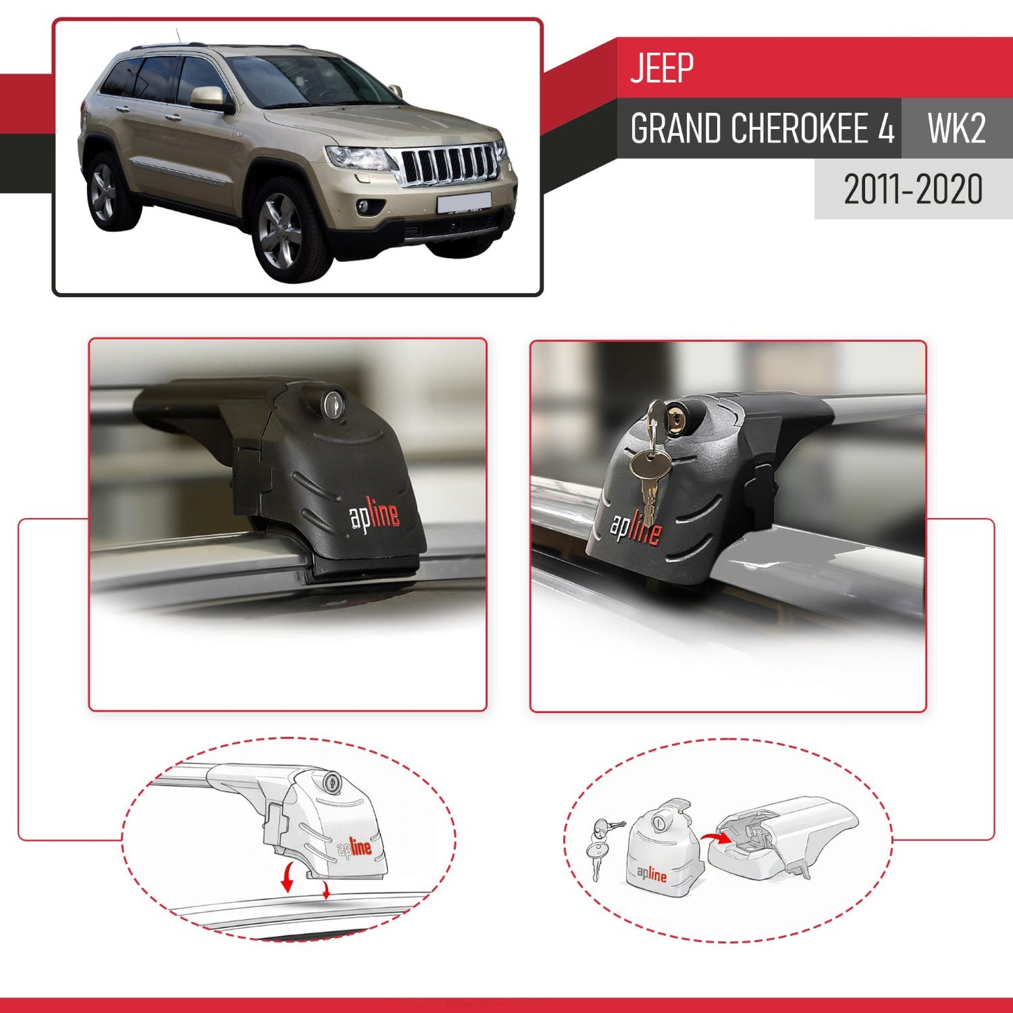 Compatible with Jeep Grand Cherokee 4 (WK2) 2011-2020 ACE-2 Car Roof Rack Cross Bar Grey Aluminium 2 Bars