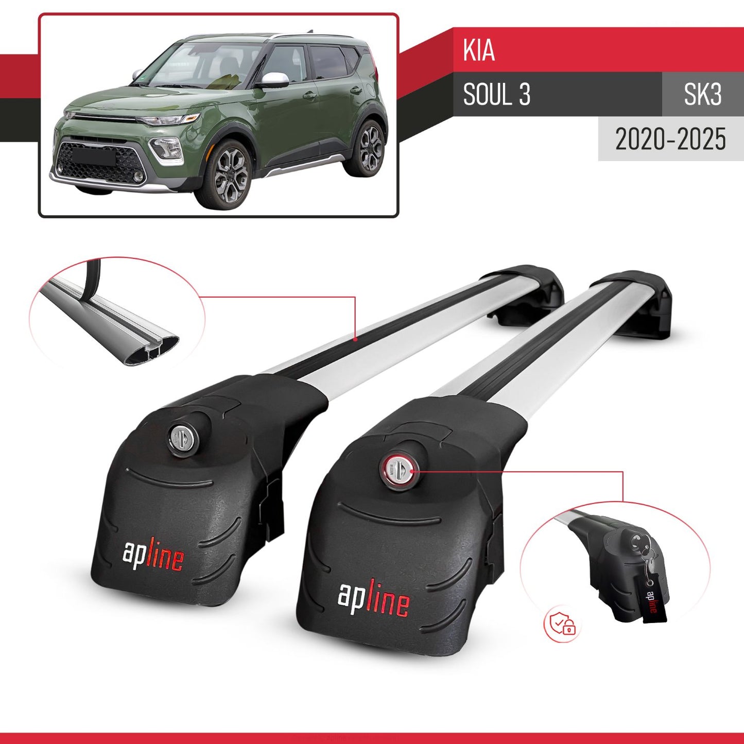 Compatible avec Kia Soul 3 (SK3) 2020-2025 ACE-2 modèle Barres de Toit Railing Porte-Bagages de Voiture Gris Aluminium Barres