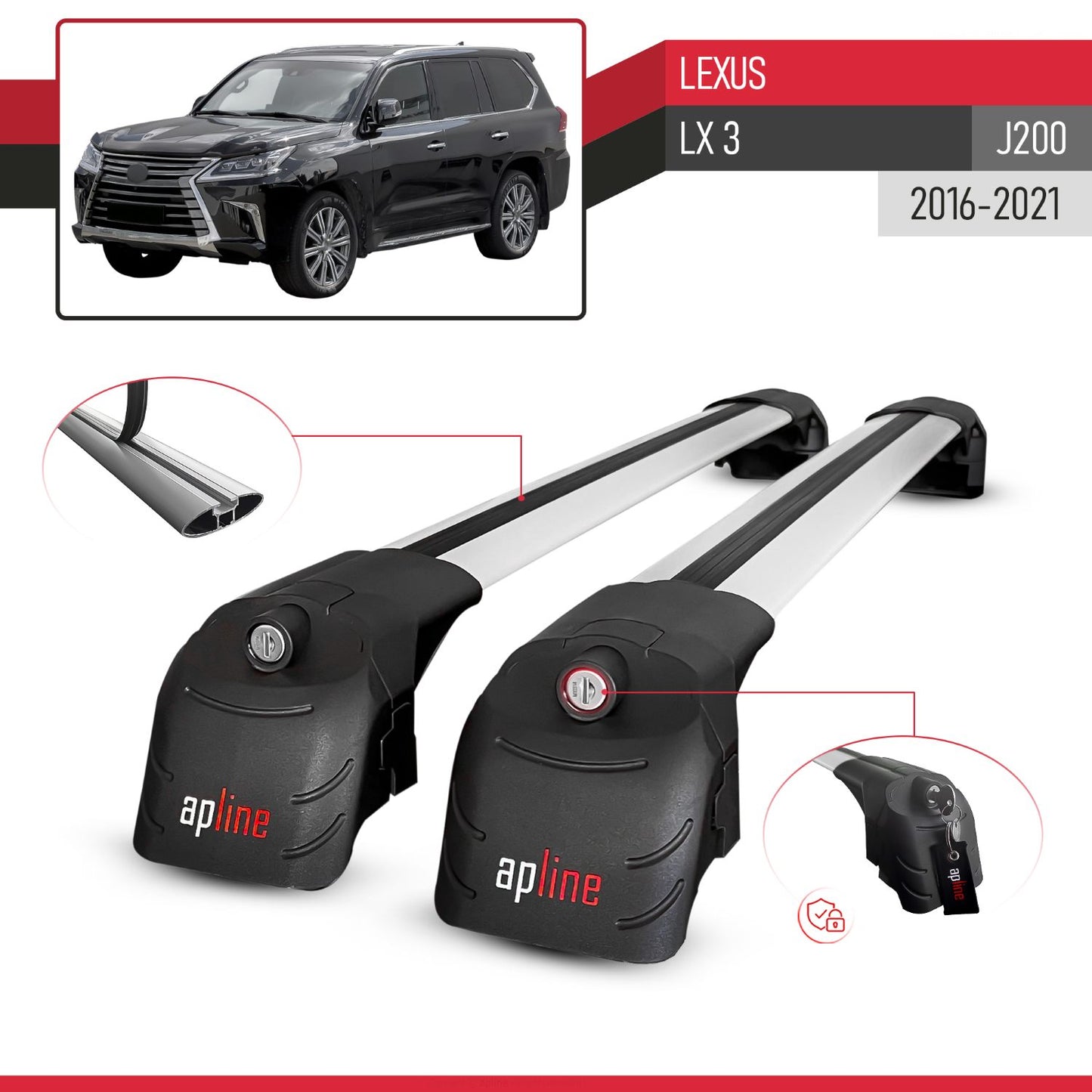 Compatible avec Lexus LX 3 (J200) 2016-2021 ACE-2 modèle Barres de Toit Railing Porte-Bagages de Voiture Gris Aluminium Barres