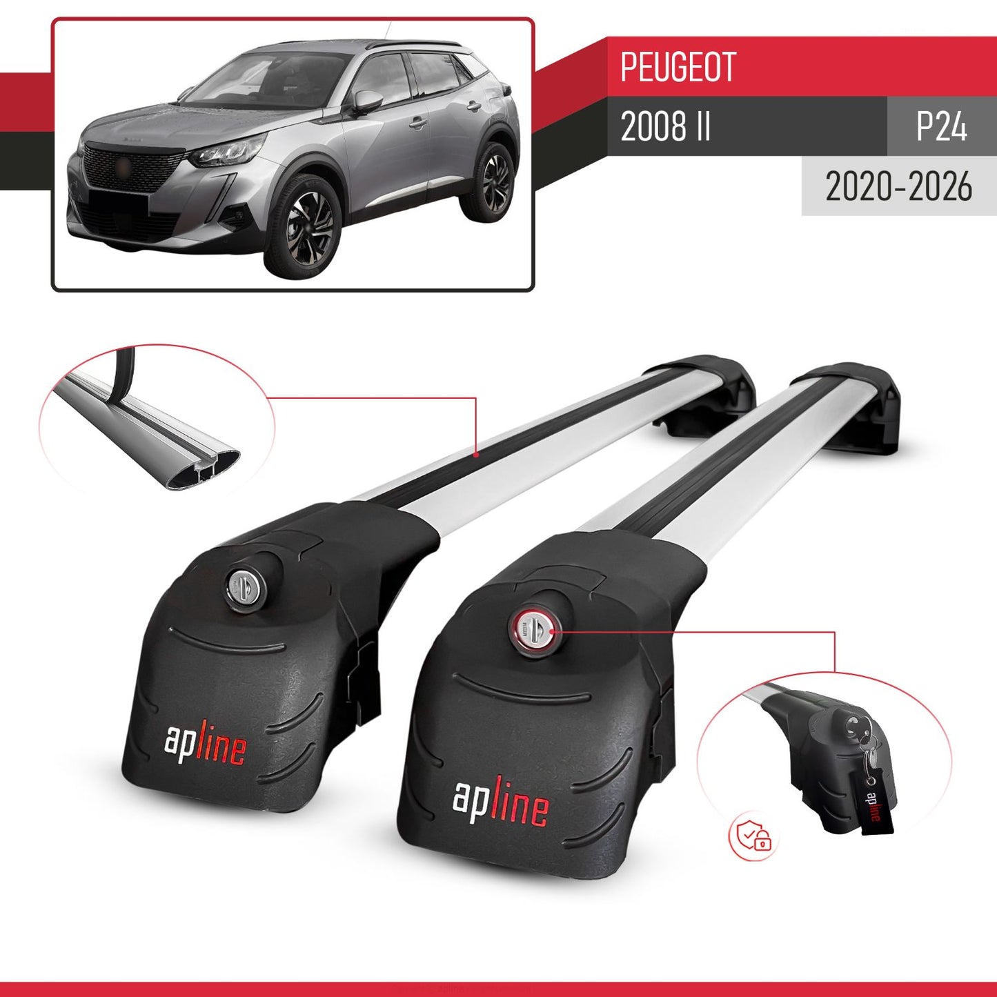 Compatible avec Peugeot 2008 II (P24) 2020-2026 ACE-2 modèle Barres de Toit Railing Porte-Bagages de Voiture Gris Aluminium Barres