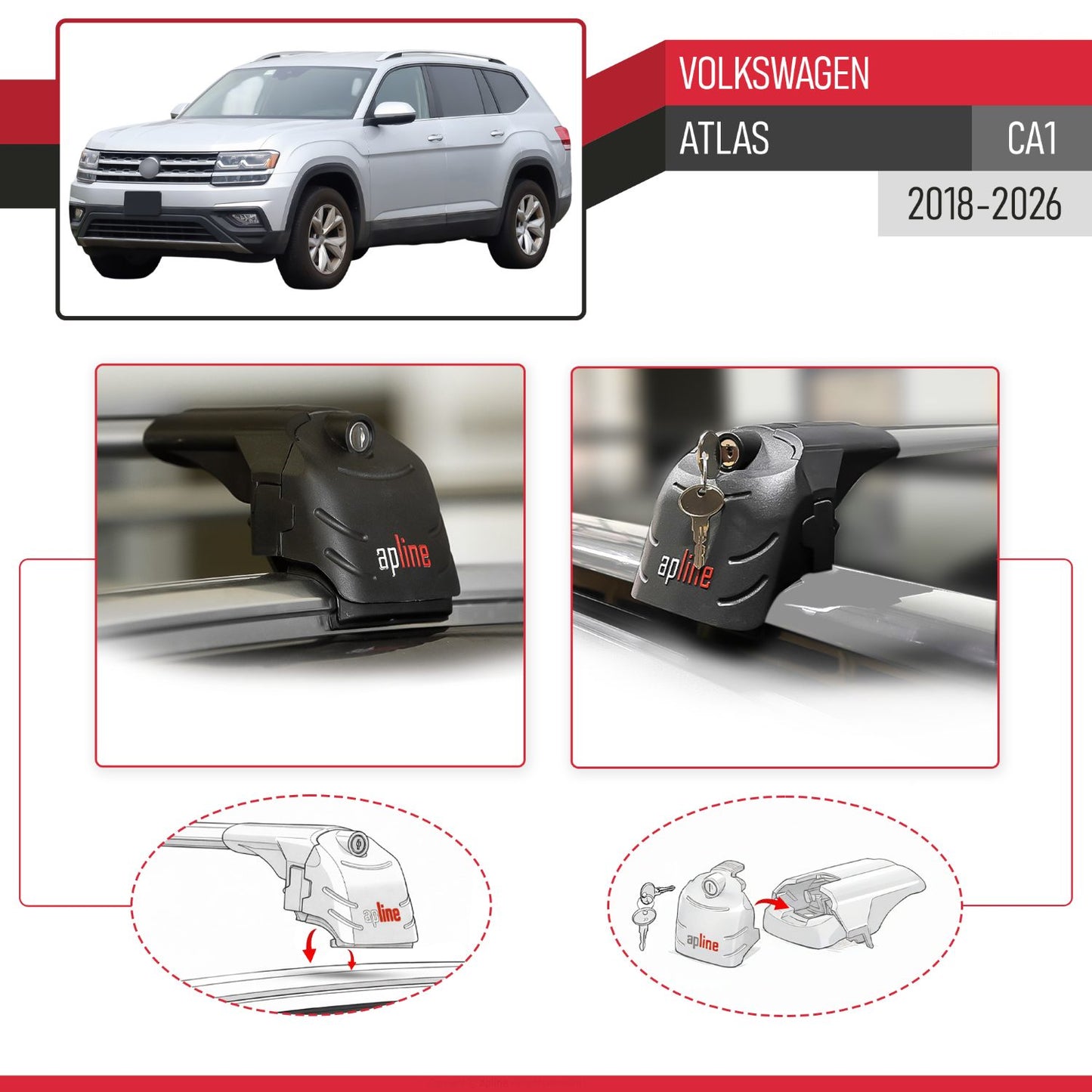 Compatible avec Volkswagen Atlas (CA1) 2018-2026 ACE-2 modèle Barres de Toit Railing Porte-Bagages de Voiture Gris Aluminium Barres
