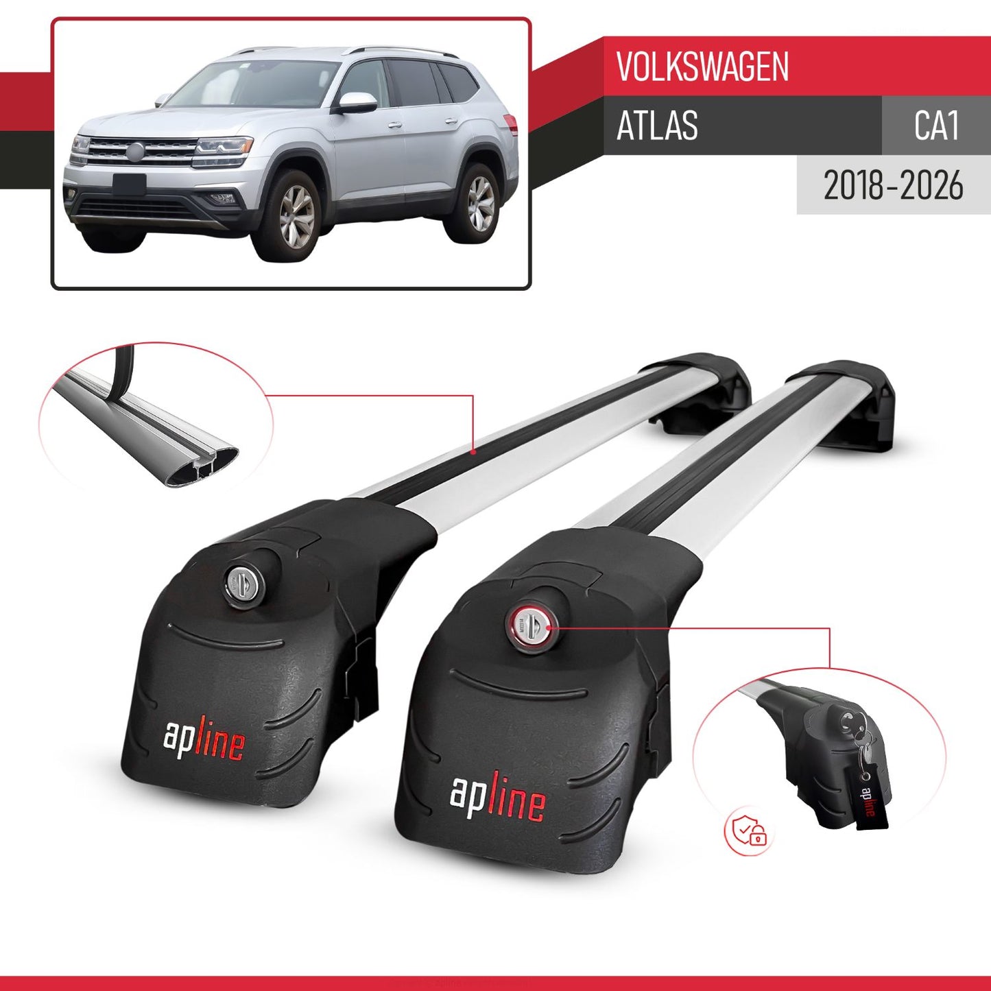 Compatible avec Volkswagen Atlas (CA1) 2018-2026 ACE-2 modèle Barres de Toit Railing Porte-Bagages de Voiture Gris Aluminium Barres