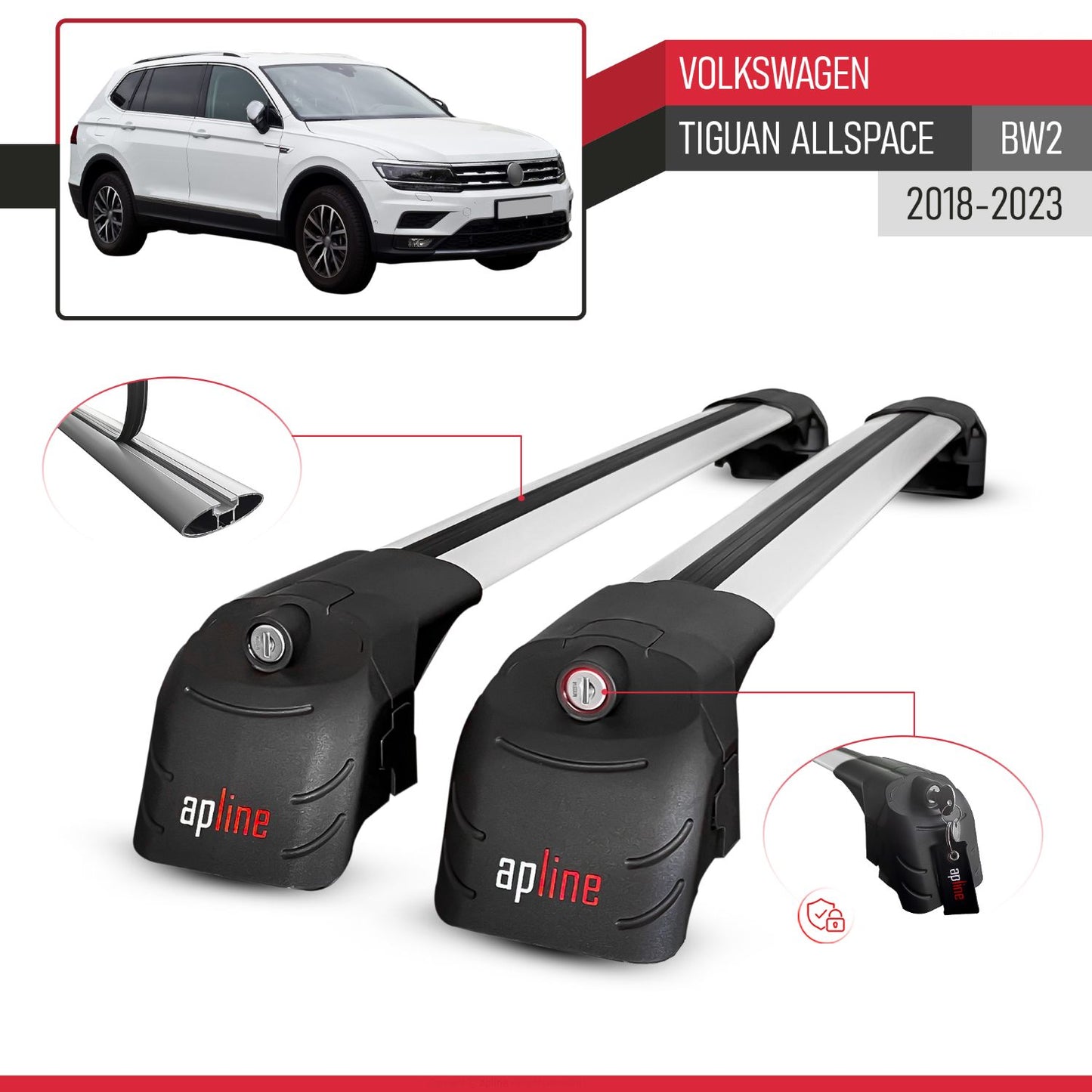 Compatible avec Volkswagen Tiguan Allspace (BW2) 2018-2023 ACE-2 modèle Barres de Toit Railing Porte-Bagages de Voiture Gris Aluminium Barres