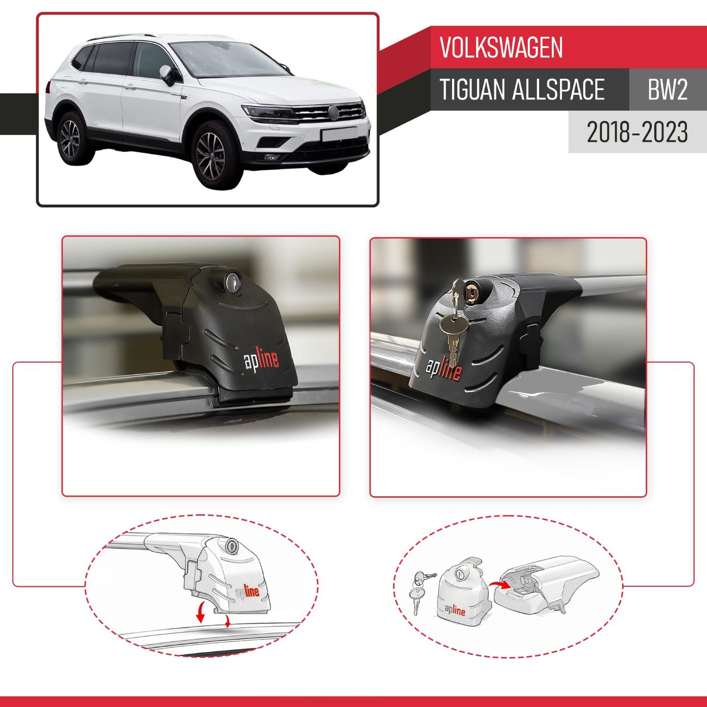 Compatible avec Volkswagen Tiguan Allspace (BW2) 2018-2023 ACE-2 modèle Barres de Toit Railing Porte-Bagages de Voiture Gris Aluminium Barres
