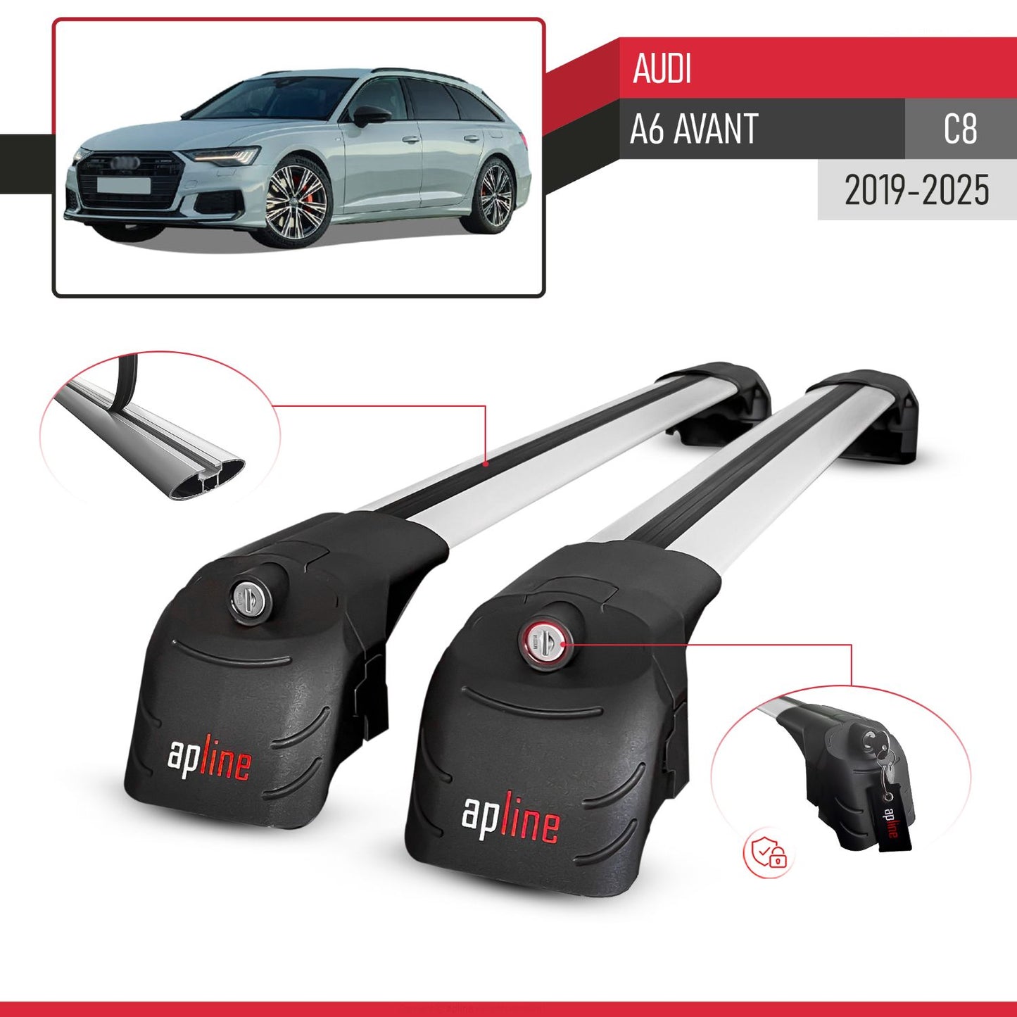 Compatible avec Audi A6 (C8) Avant 2019-2025 ACE-2 modèle Barres de Toit Railing Porte-Bagages de Voiture Gris Aluminium Barres