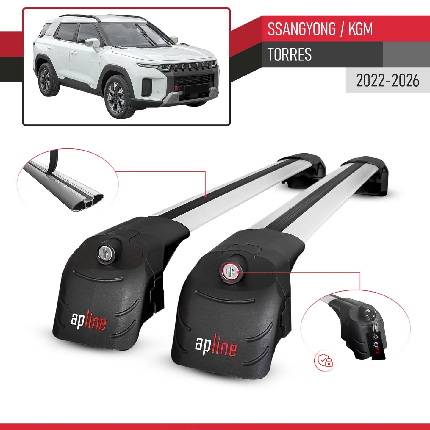 Compatible avec SsangYong / KGM Torres 2022-2026 ACE-2 modèle Barres de Toit Railing Porte-Bagages de Voiture Gris Aluminium Barres