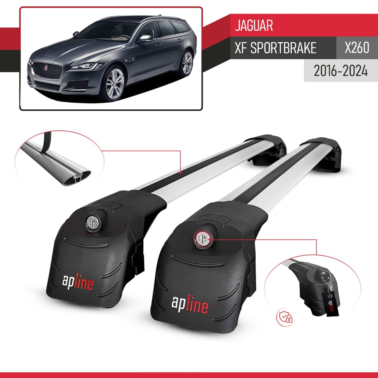 Compatible with Jaguar XF S 2018-2024 ACE-2 Car Roof Rack Cross Bar Grey Aluminium 2 Bars
