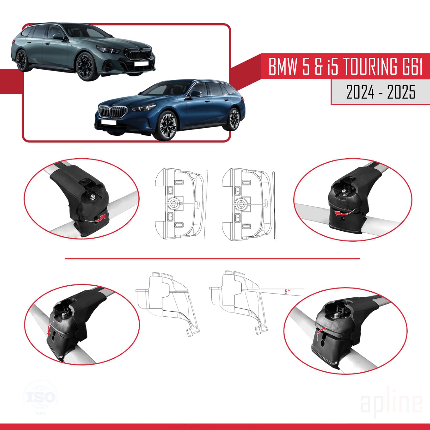 Compatible avec BMW 5 Series / i5 G61 Touring 2024-2025 ACE-2 Barres de Toit Railing Porte-Bagages de Voiture Gris Aluminium 2 Barres