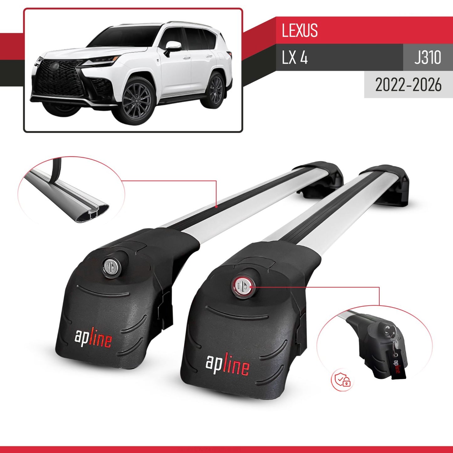 Compatible avec Lexus LX 4 (J310) 2022-2026 ACE-2 modèle Barres de Toit Railing Porte-Bagages de Voiture Gris Aluminium Barres