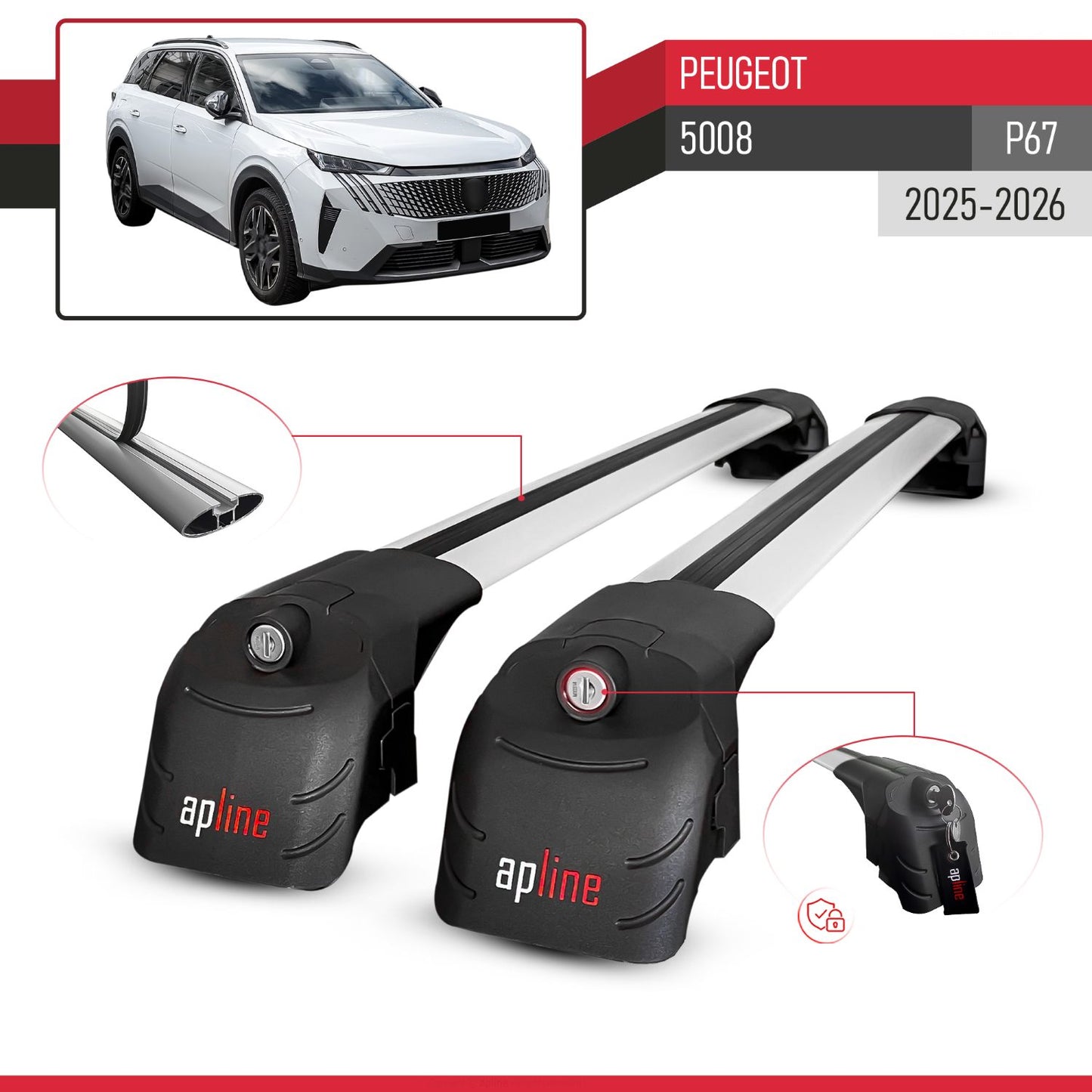 Compatible with Peugeot 5008 2025-2026 ACE-2 Car Roof Rack Cross Bar Grey Aluminium 2 Bars