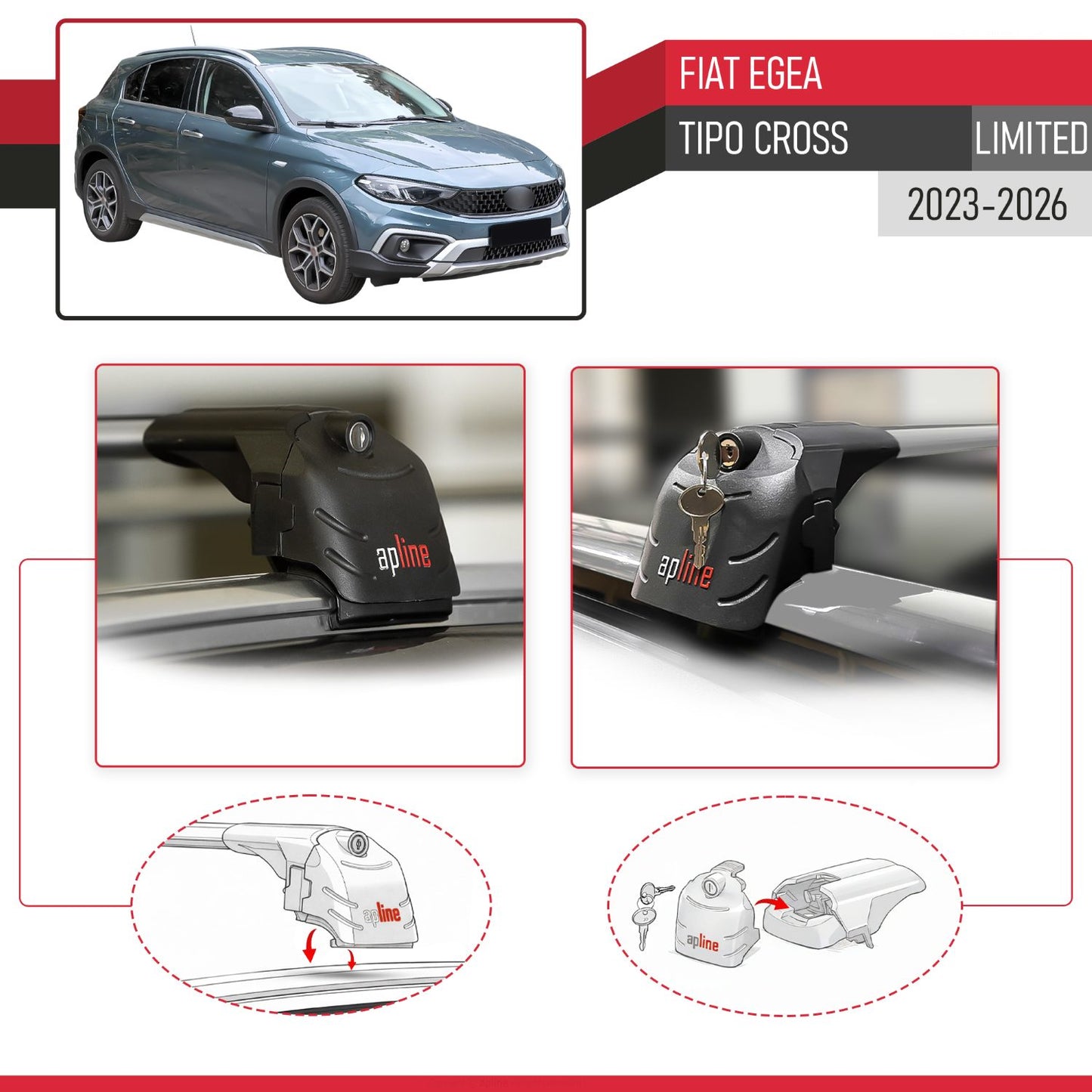 Compatible avec Fiat Egea / Tipo Cross (LIMITED) 2023-2026 ACE-2 modèle Barres de Toit Railing Porte-Bagages de Voiture Gris Aluminium Barres