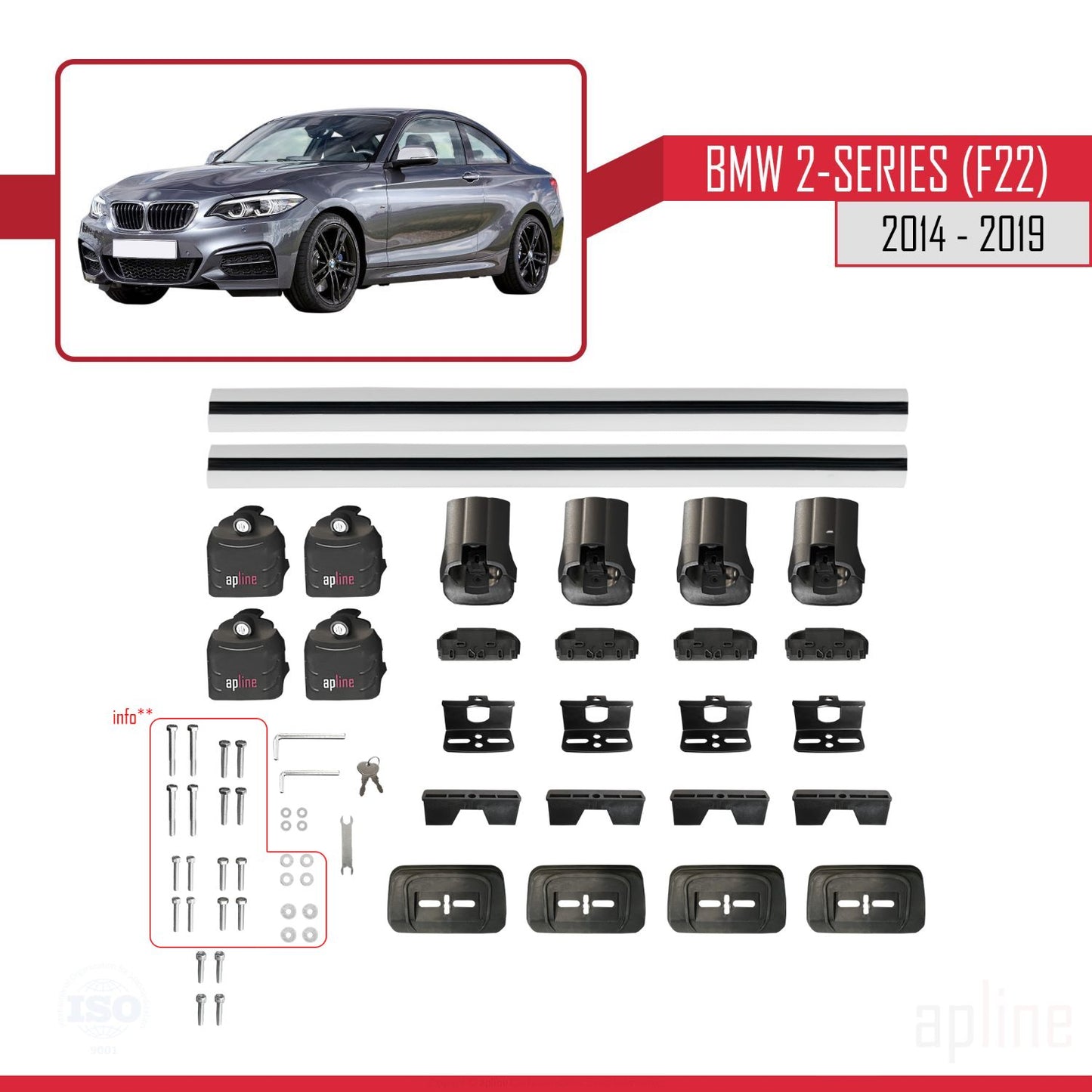 Compatibile con BMW Serie 2 (F22) 2014-2019 ACE-3 Barre portatutto per auto Portapacchi in alluminio grigio 2 barre