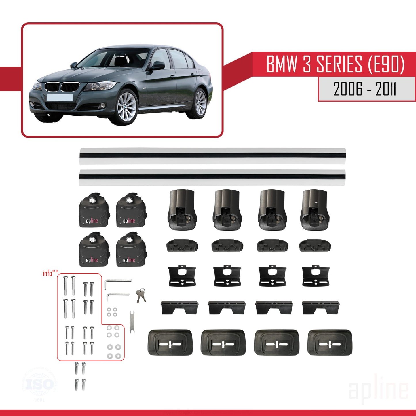 Kompatibel mit BMW 3er (E90) 2006-2011 ACE-3 Dachträger Autodachträger Graues Aluminium 2 Stangen