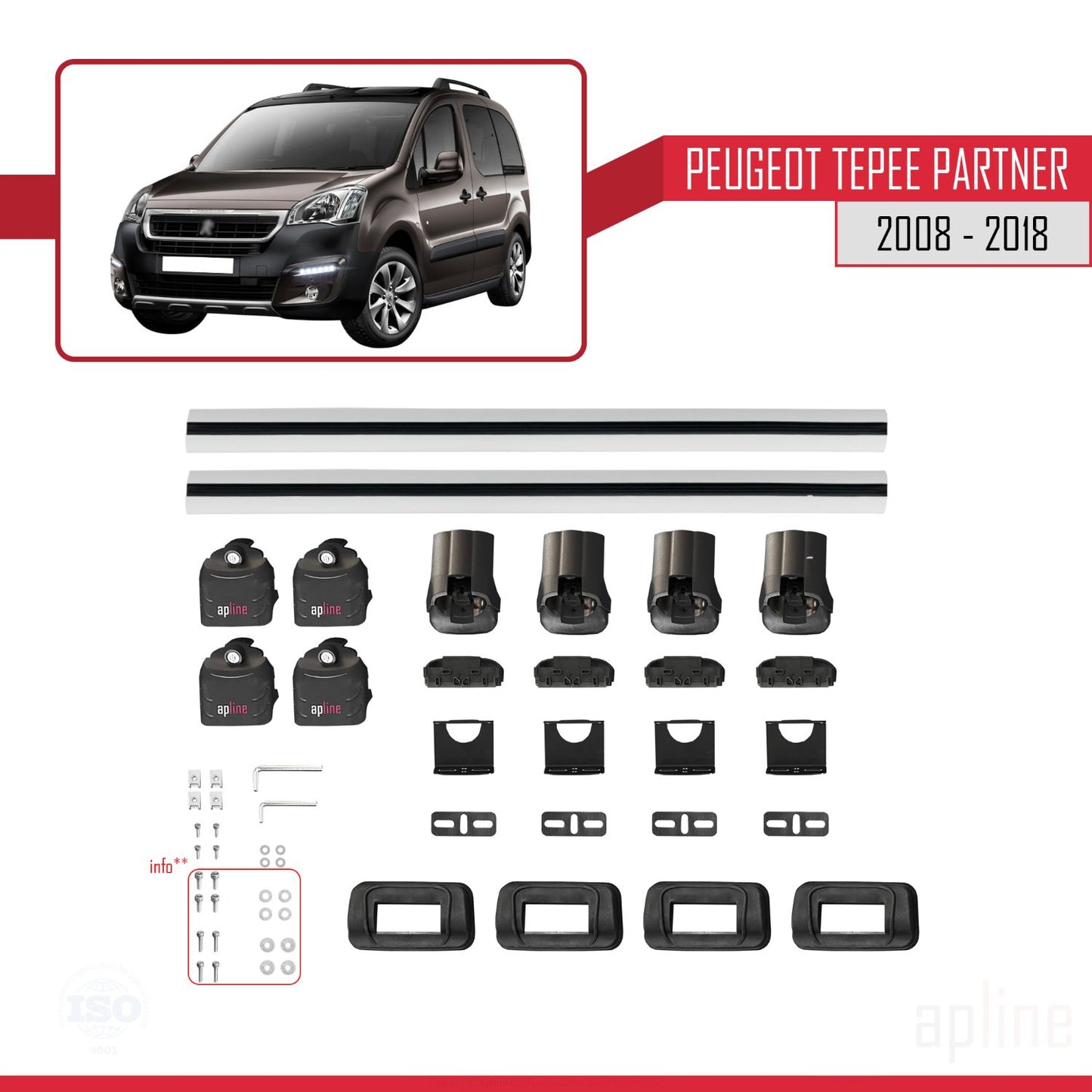 Compatible avec Peugeot Partner Tepee 2008-2018 ACE-3 Barres de Toit Railing Porte-Bagages de Voiture Gris Aluminium 2 Barres