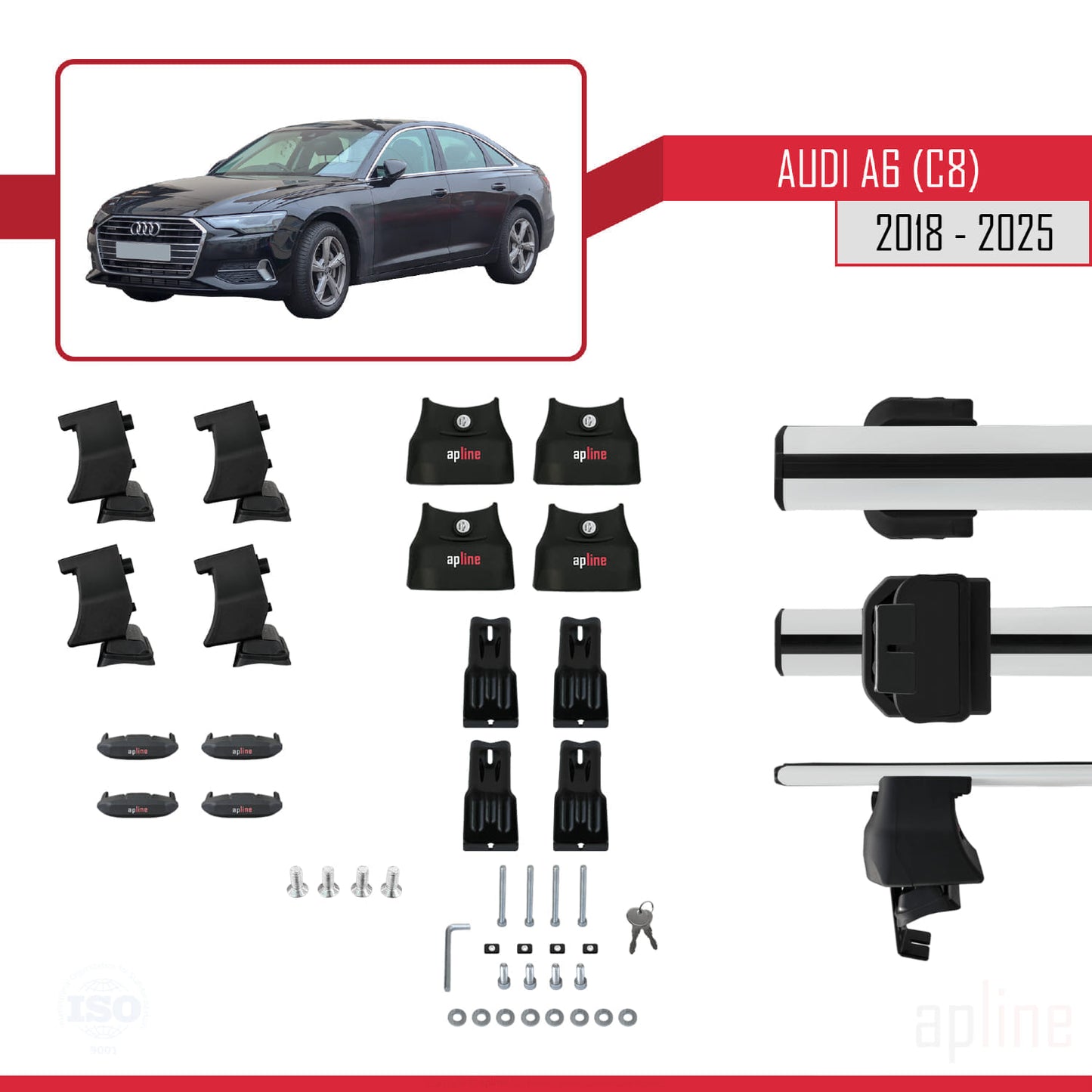 Kompatibel mit A6 (C8) 2018-2025 ACE-4 Dachgepäckträger, graues Aluminium, 2 Stangen