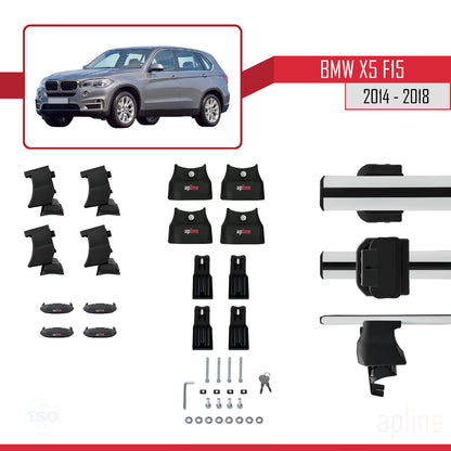 Kompatibel mit BMW X5 (F15) 2014-2018 ACE-4 Dachgepäckträger, Reling, Gepäckträger, graues Aluminium, 2 Stangen
