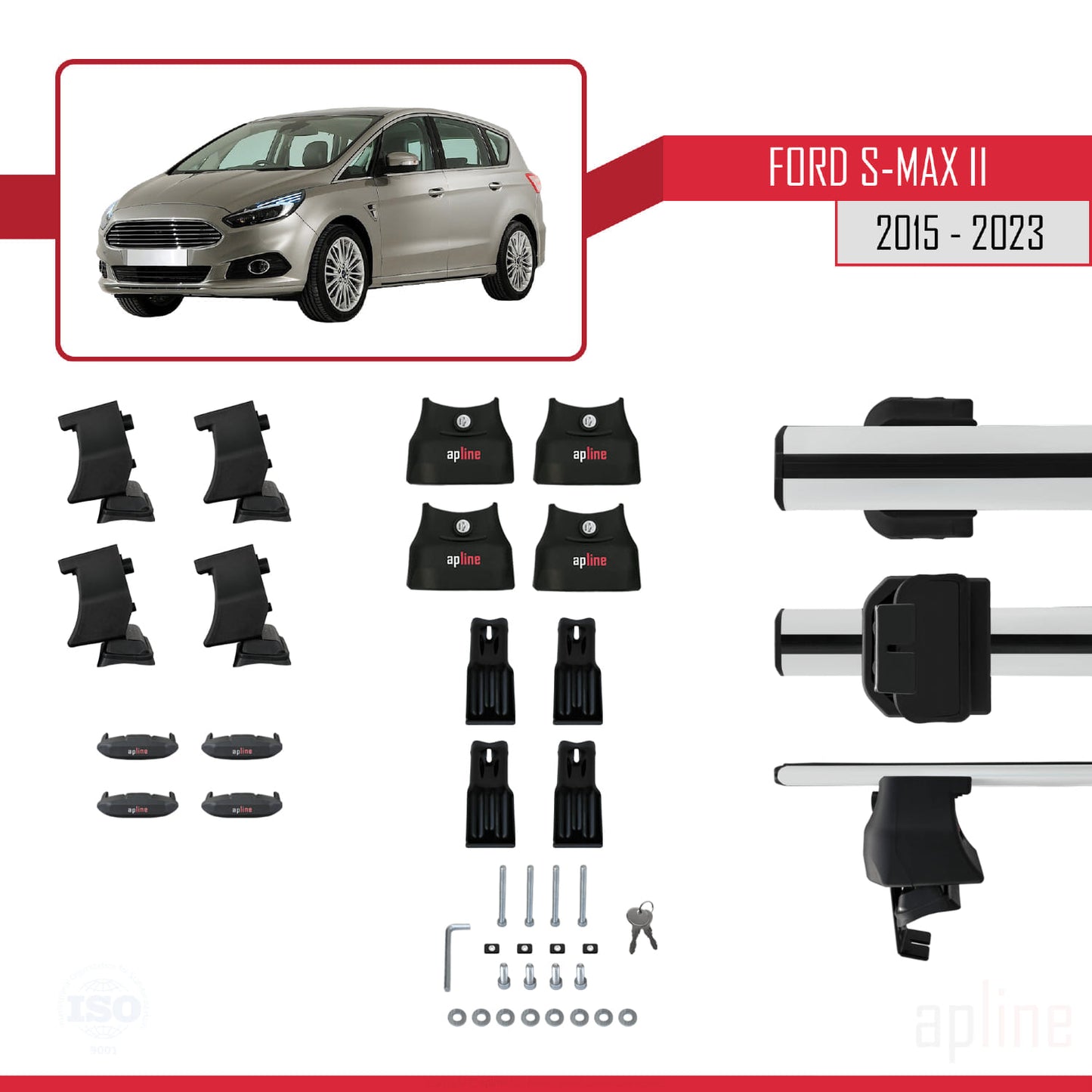 Compatible avec Ford S-Max 2 (CD539) 2015-2023 ACE-4 Barres de Toit Railing Porte-Bagages de Voiture Gris Aluminium 2 Barres