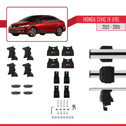 Compatible with Honda Civic 9 (FB) Sedan 2012-2015 ACE-4 Car Roof Rack Cross Bar Grey Aluminium 2 Bars