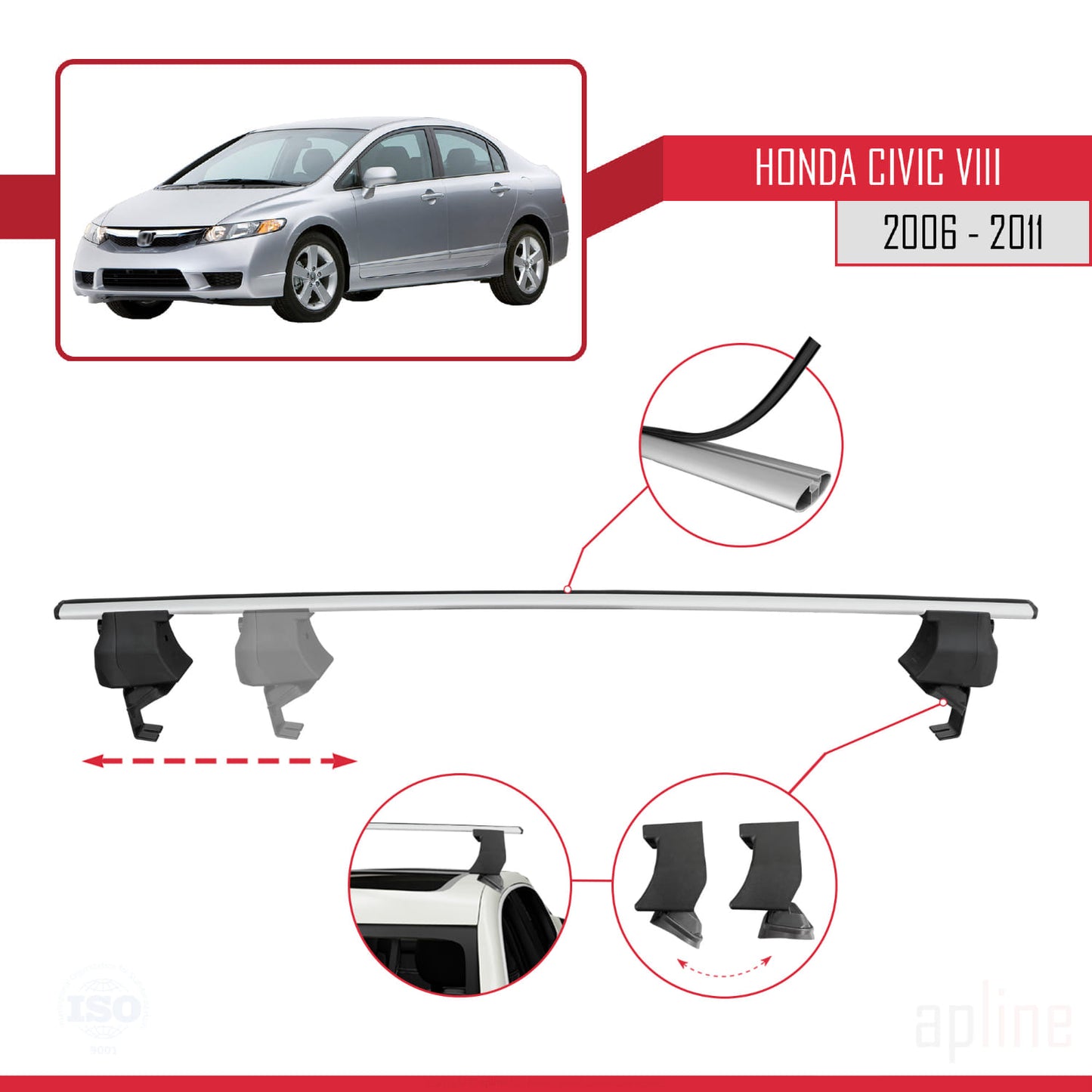 Compatible avec Honda Civic 8 V3 Berline 2006-2011 ACE-4 Barres de Toit Railing Porte-Bagages de Voiture Gris Aluminium 2 Barres