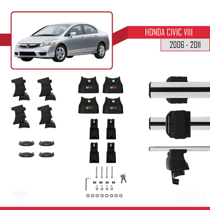 Compatible avec Honda Civic 8 V3 Berline 2006-2011 ACE-4 Barres de Toit Railing Porte-Bagages de Voiture Gris Aluminium 2 Barres