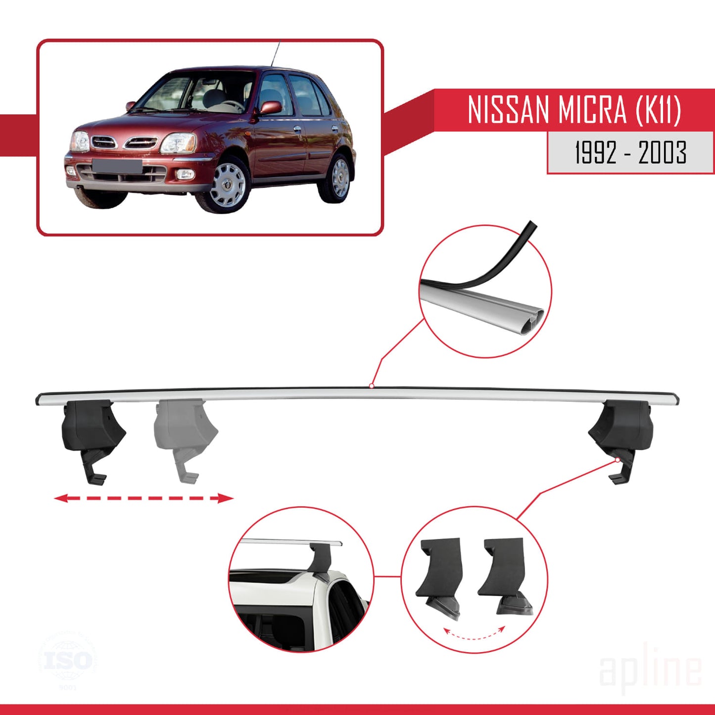 Compatible avec Nissan Micra 2 (K11) 1992-2003 ACE-4 Barres de Toit Railing Porte-Bagages de Voiture Gris Aluminium 2 Barres