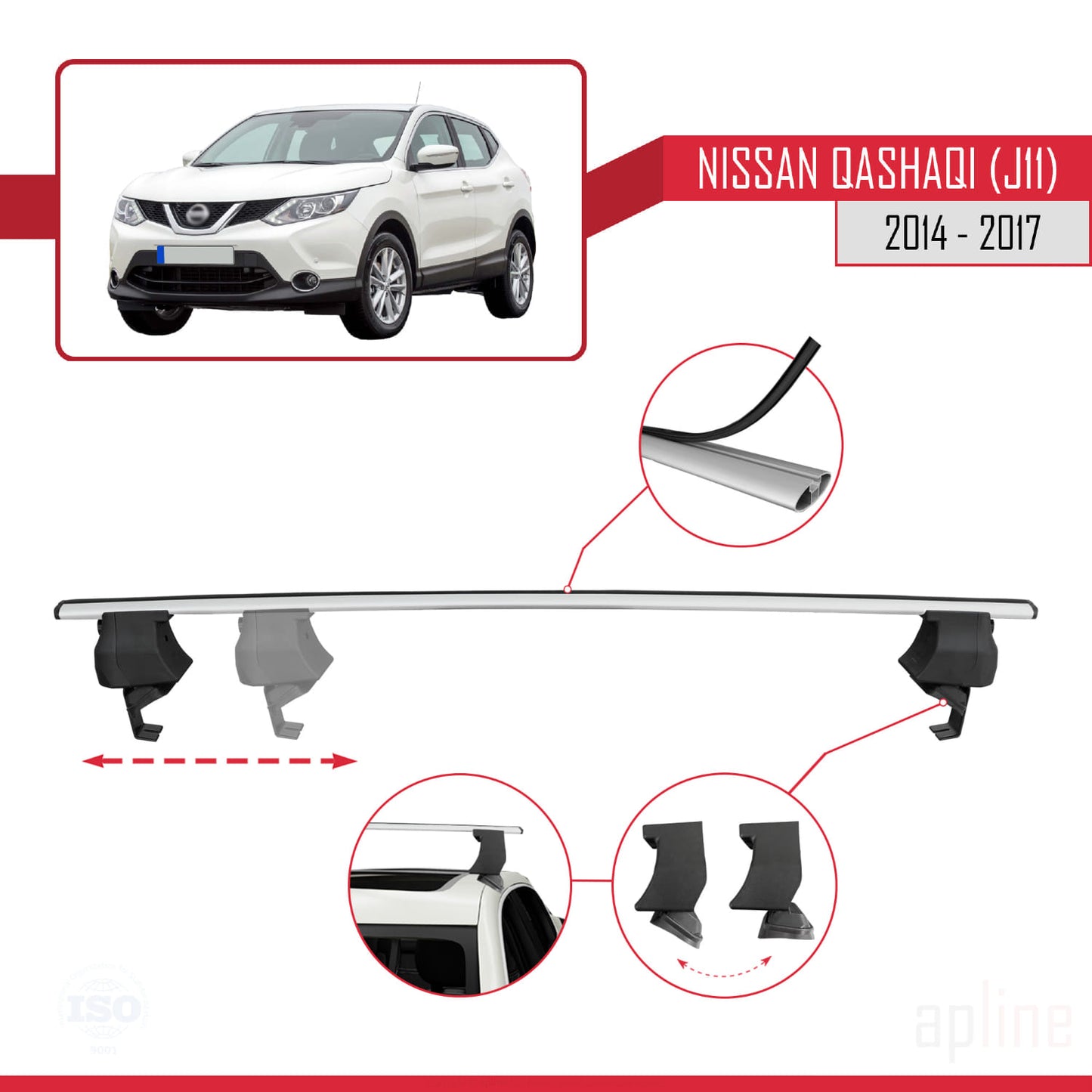Compatible avec Nissan Qashqai 2 (J11) Pre-Facelift 2014-2017 ACE-4 Barres de Toit Railing Porte-Bagages de Voiture Gris Aluminium 2 Barres
