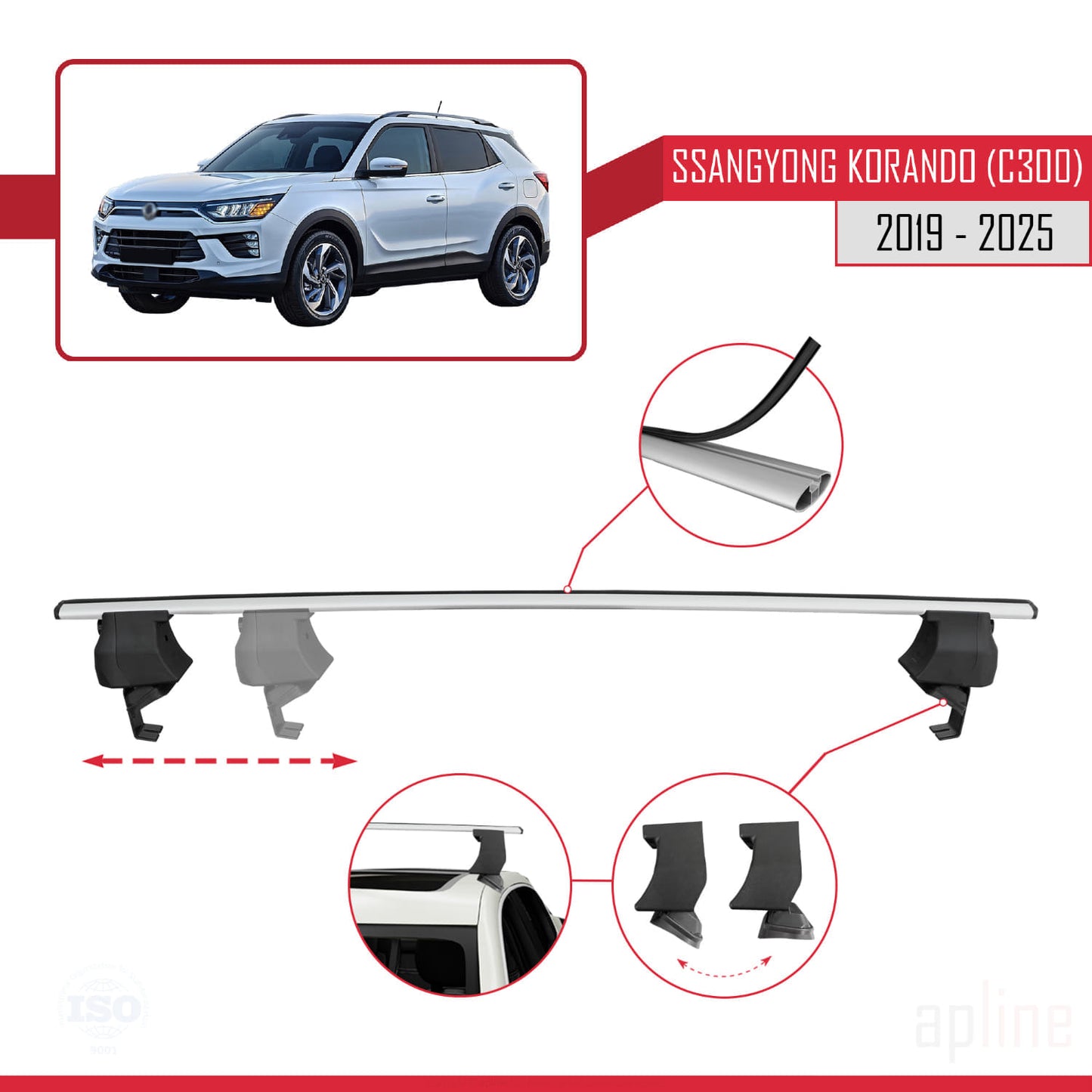 Compatible avec Ssangyong Korando 4 (C300) 2019-2025 ACE-4 Barres de Toit Railing Porte-Bagages de Voiture Gris Aluminium 2 Barres