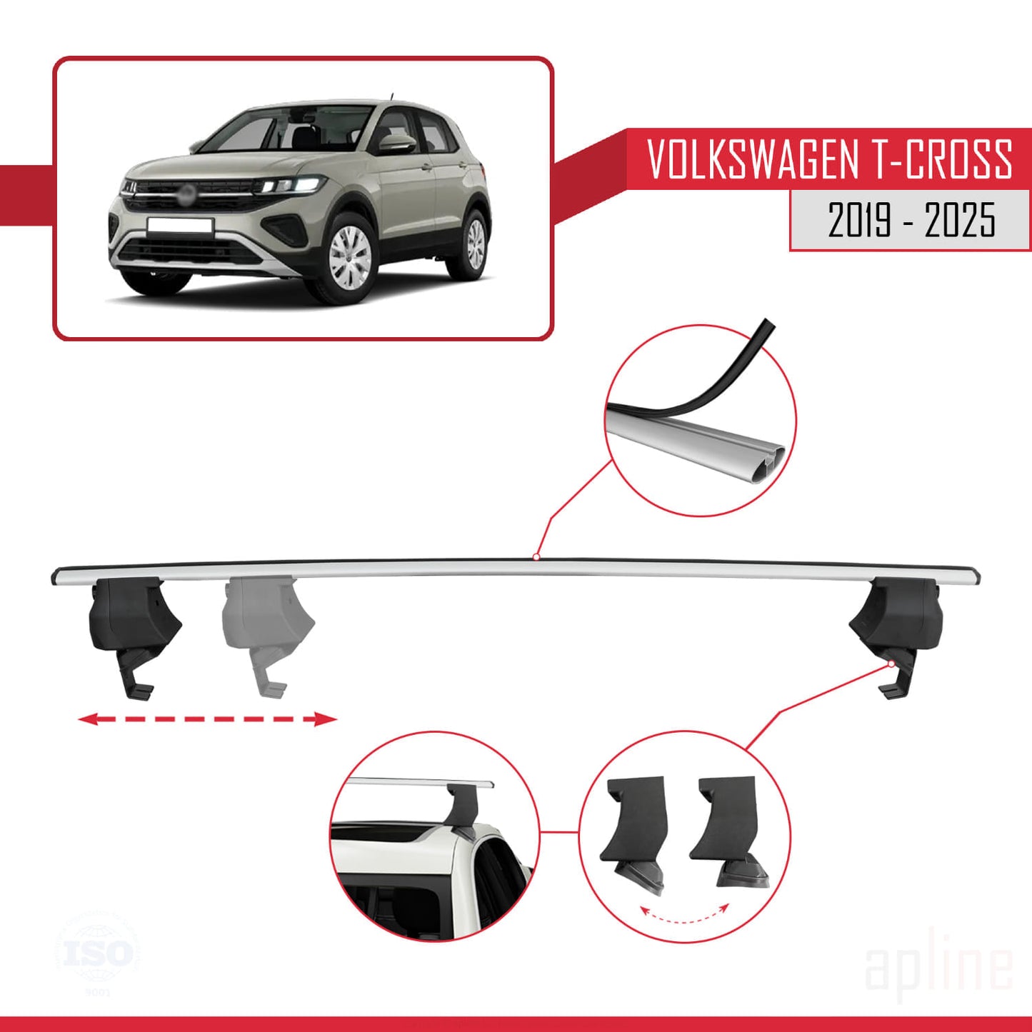 Compatible avec Volkswagen T-Cross (C11) 2019-2025 ACE-4 Barres de Toit Railing Porte-Bagages de Voiture Gris Aluminium 2 Barres