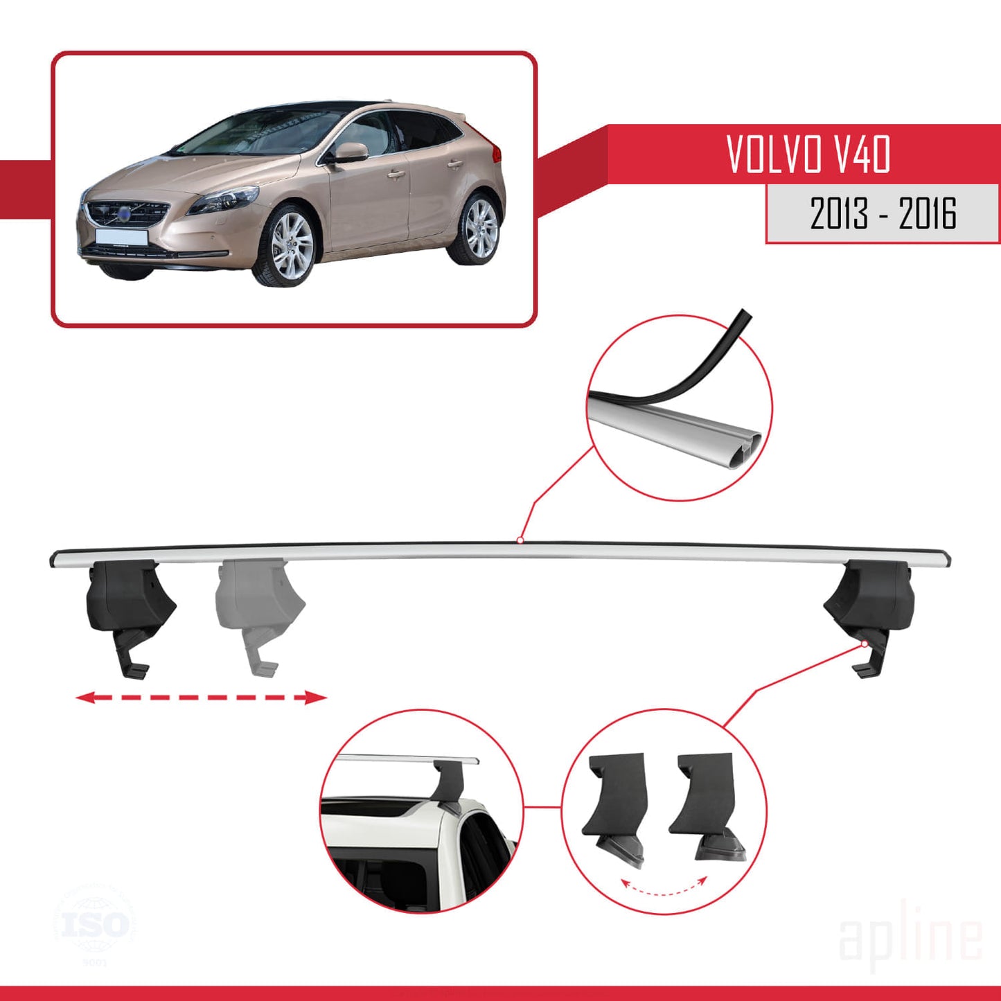 Compatible avec Volvo V40 Pre-Facelift 2013-2016 ACE-4 Barres de Toit Railing Porte-Bagages de Voiture Gris Aluminium 2 Barres