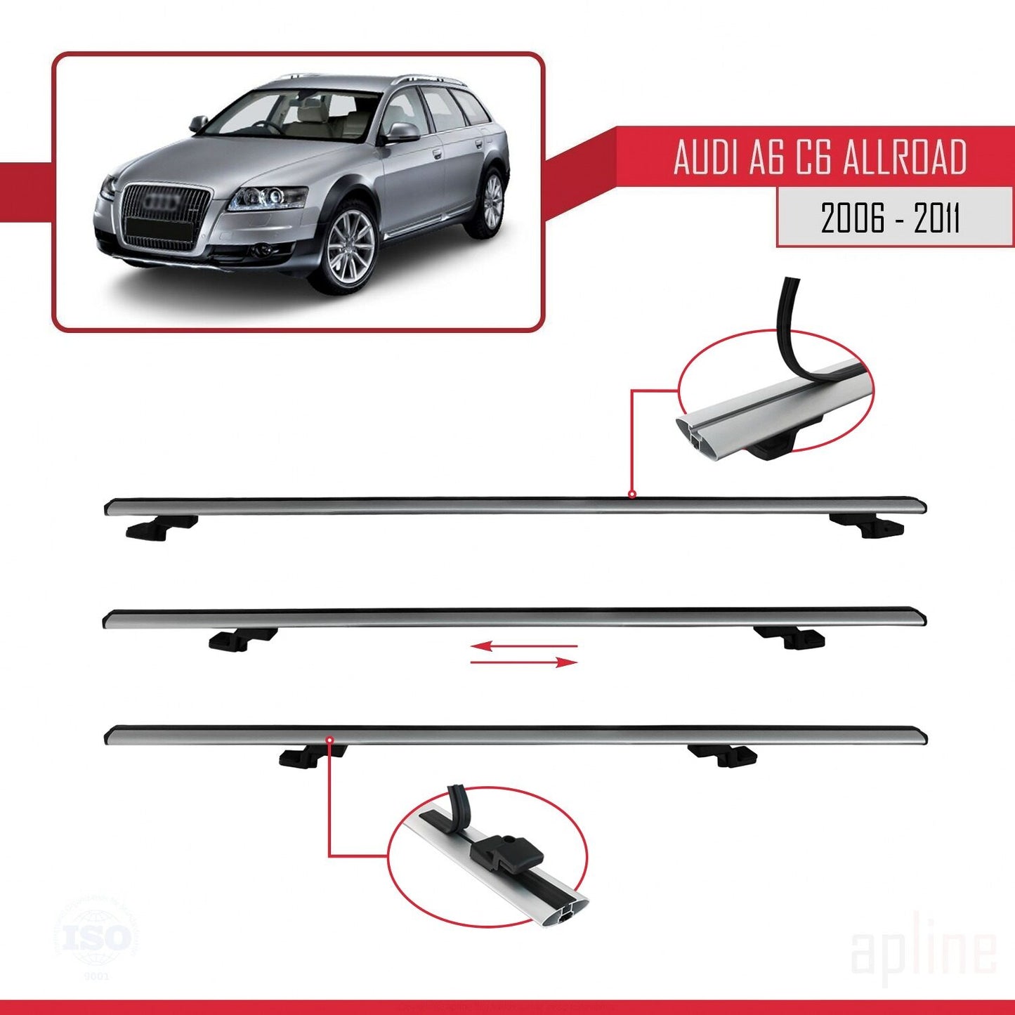 Compatible avec A6 (C6) Allroad 2006-2011 BASIC Model Barres de Toit Railing Porte-Bagages de Voiture Gris Aluminium 2 Barres
