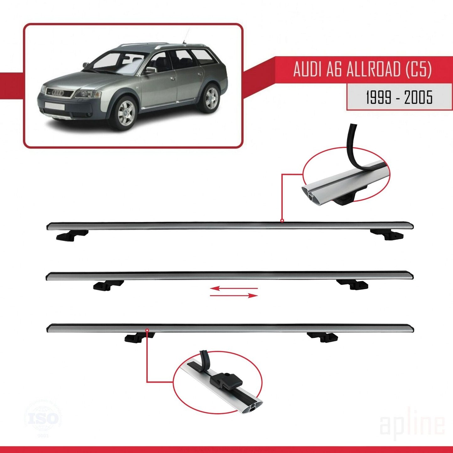 Compatibile con A6 (C5) Allroad 1999-2005 modello BASIC Barre portatutto per auto Portapacchi in alluminio grigio 2 barre