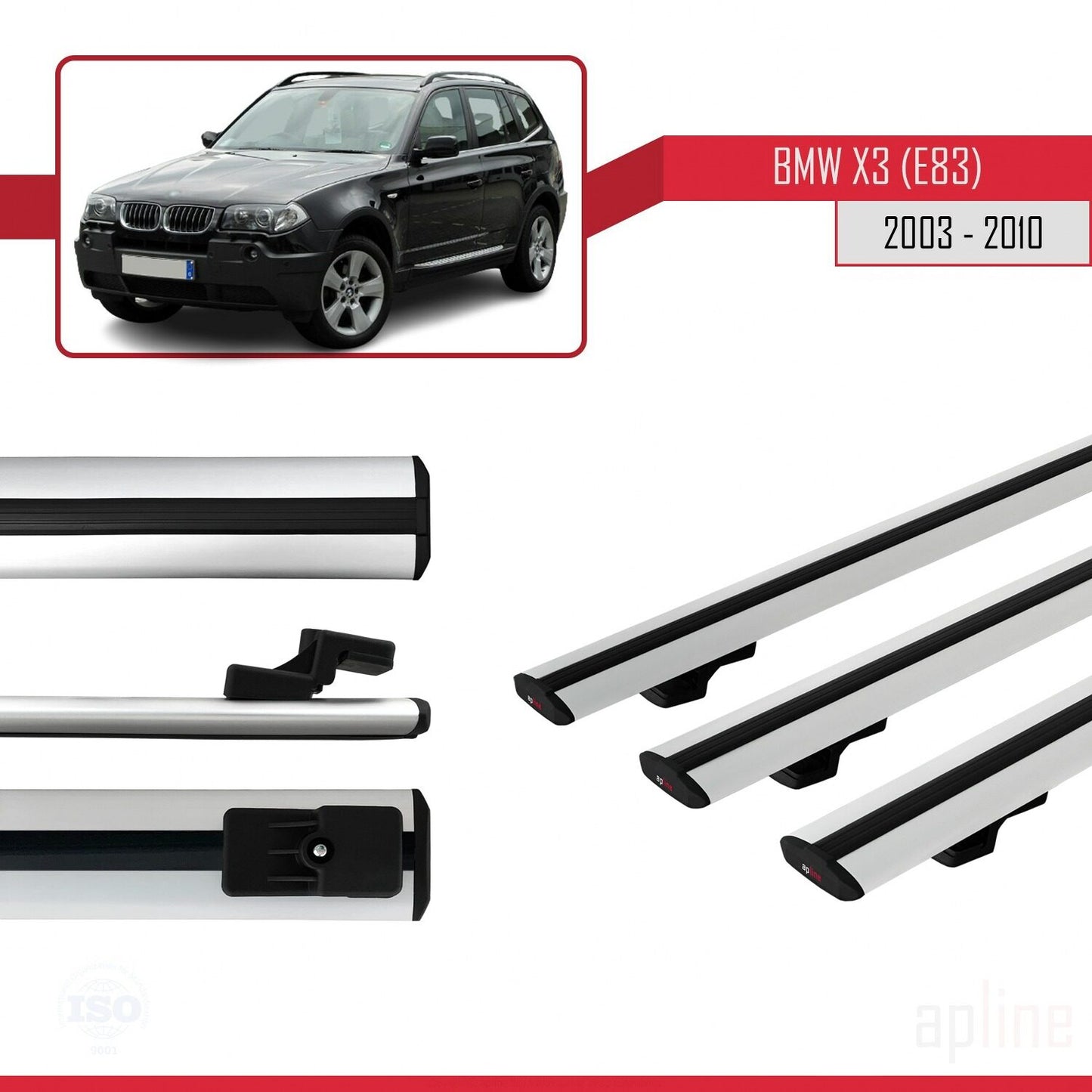 Compatibile con BMW X3 (E83) 2003-2010 modello BASIC Barre portatutto per auto Portapacchi in alluminio grigio 3 barre