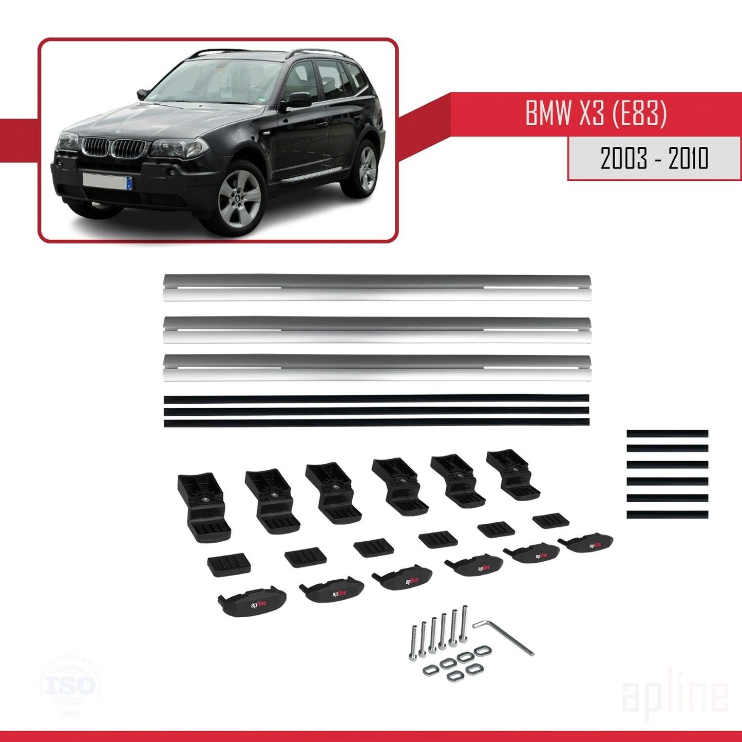 Compatibile con BMW X3 (E83) 2003-2010 modello BASIC Barre portatutto per auto Portapacchi in alluminio grigio 3 barre