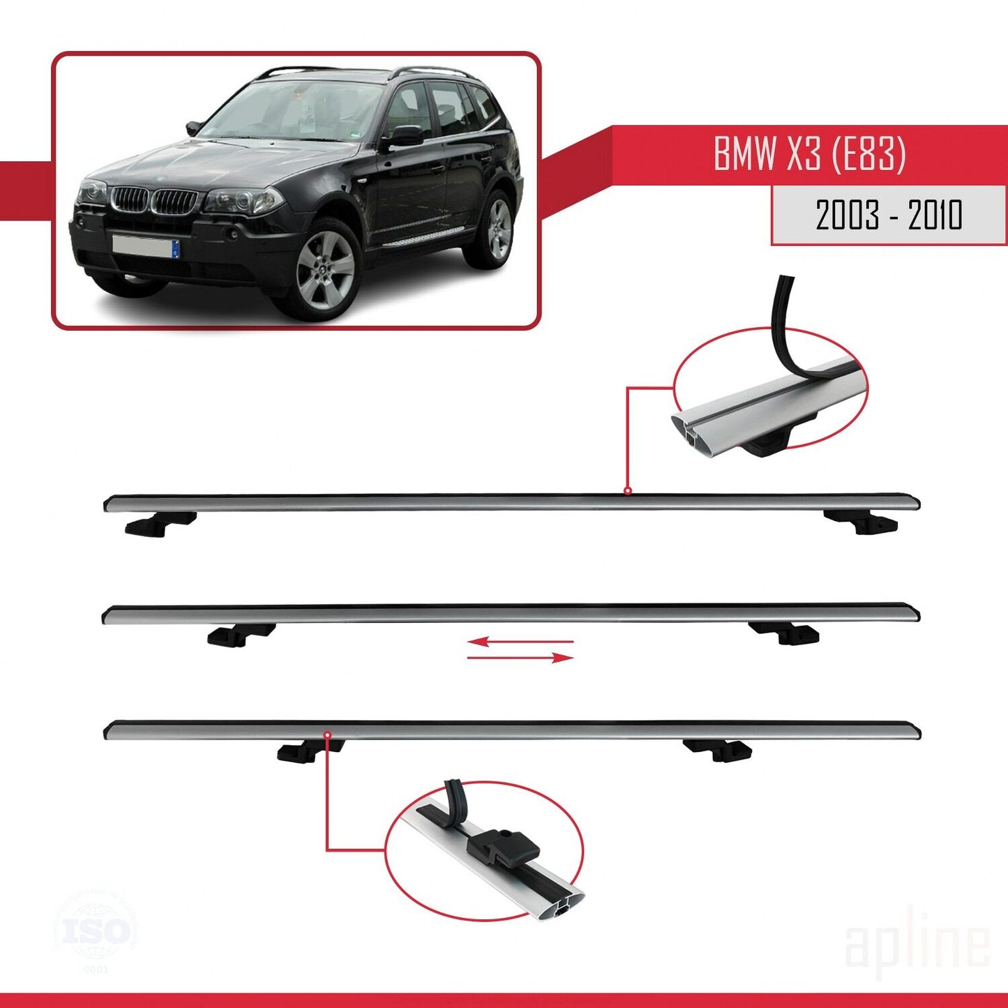Compatibile con BMW X3 (E83) 2003-2010 modello BASIC Barre portatutto per auto Portapacchi in alluminio grigio 2 barre