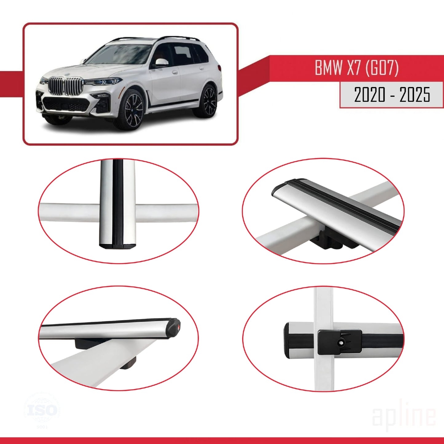 Compatible avec BMW X7 (G07) 2020-2025 BASIC Model Barres de Toit Railing Porte-Bagages de Voiture Gris Aluminium 3 Barres