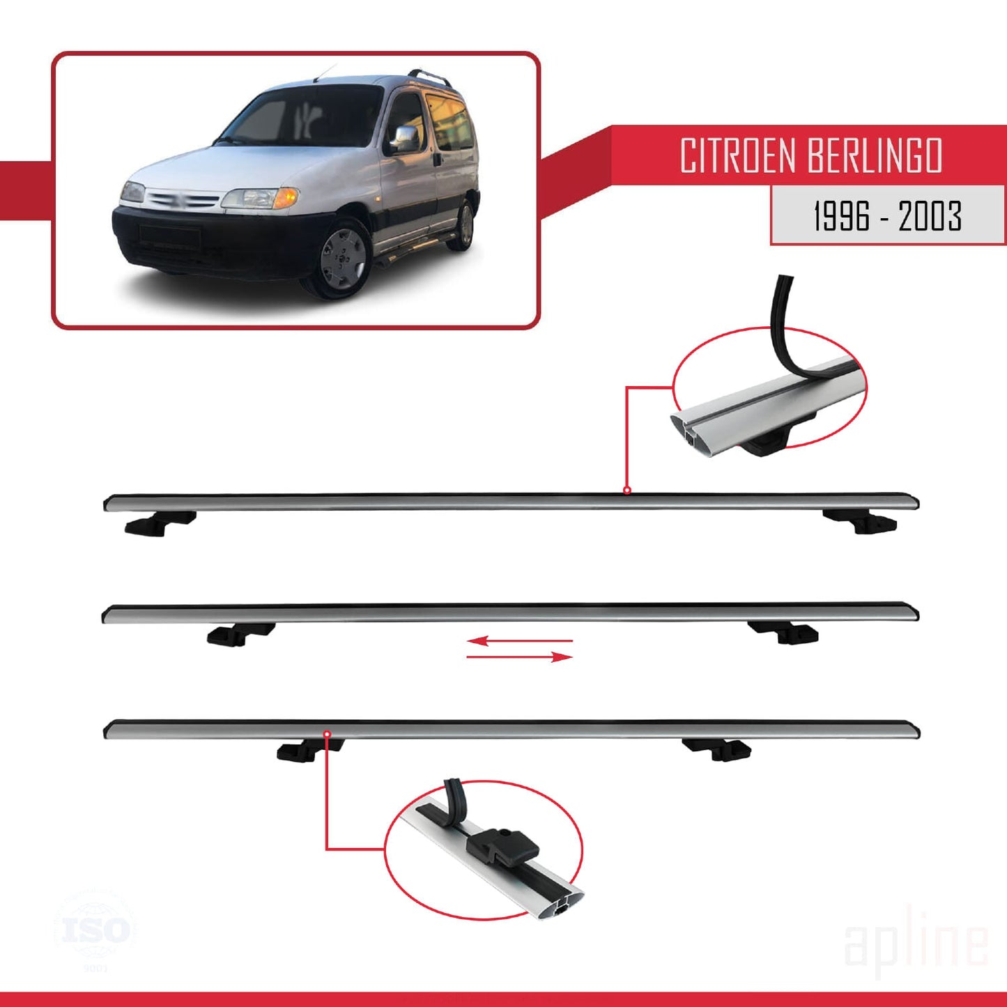 Compatible avec Citroen Berlingo (M49) 1996-2003 BASIC Model Barres de Toit Railing Porte-Bagages de Voiture Gris Aluminium 4 Barres