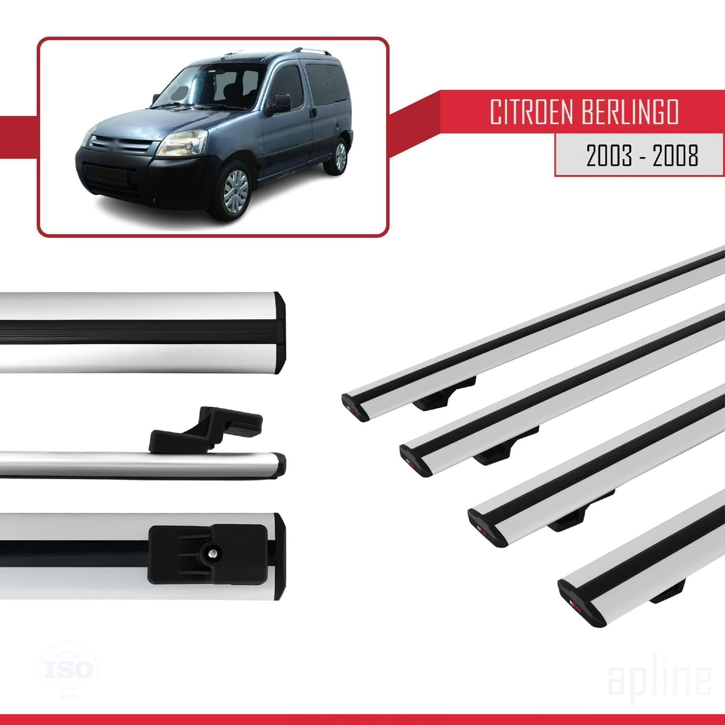 Compatible avec Citroen Berlingo (M59) 2003-2008 BASIC Model Barres de Toit Railing Porte-Bagages de Voiture Gris Aluminium 4 Barres