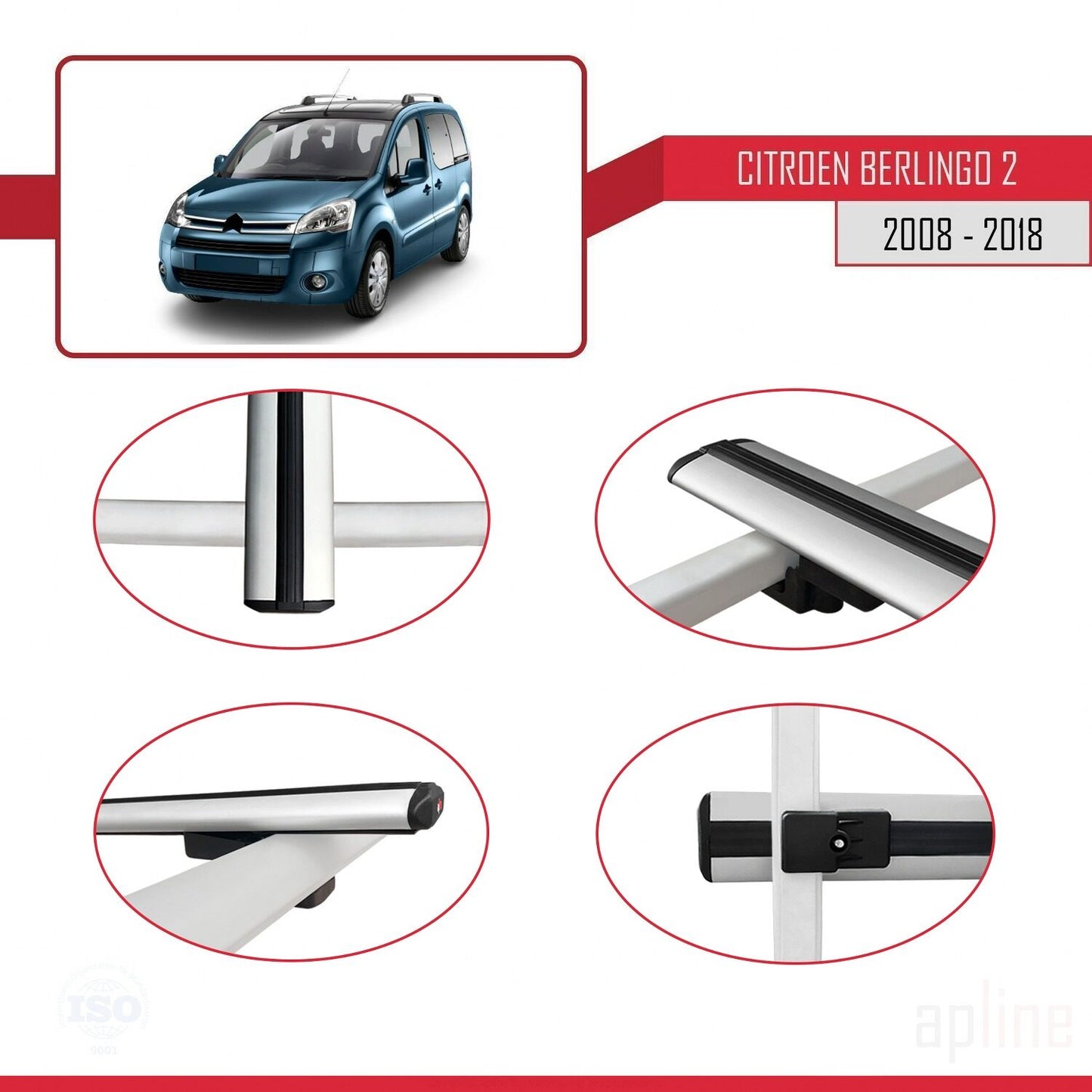 Compatible avec Citroen Berlingo 2 (B9) 2008-2018 BASIC Model Barres de Toit Railing Porte-Bagages de Voiture Gris Aluminium 3 Barres