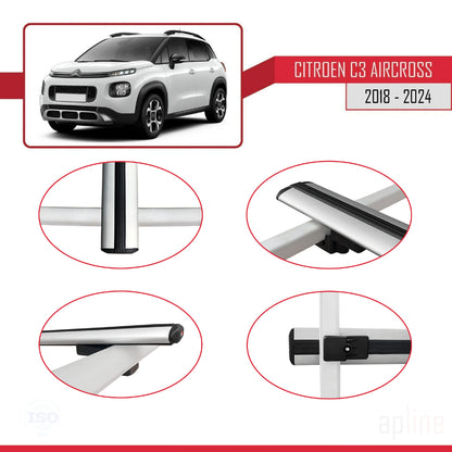 Compatible avec Citroen C3 Aircross (A88) 2018-2024 BASIC Model Barres de Toit Railing Porte-Bagages de Voiture Gris Aluminium 3 Barres