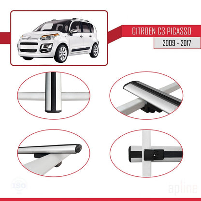 Kompatibel mit Citroen C3 Picasso 2009-2017 Basismodell Dachgepäckträger, graues Aluminium, 3 Stangen