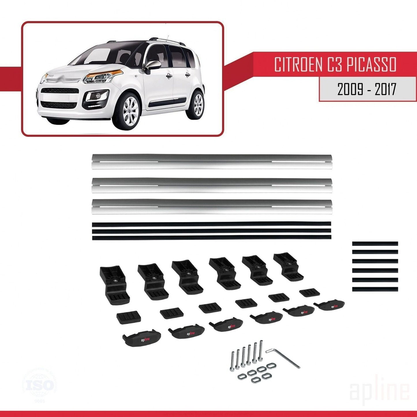 Kompatibel mit Citroen C3 Picasso 2009-2017 Basismodell Dachgepäckträger, graues Aluminium, 3 Stangen