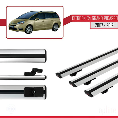 Kompatibel mit Citroen Grand C4 Picasso 2007-2012 Basismodell Dachgepäckträger, graues Aluminium, 3 Stangen