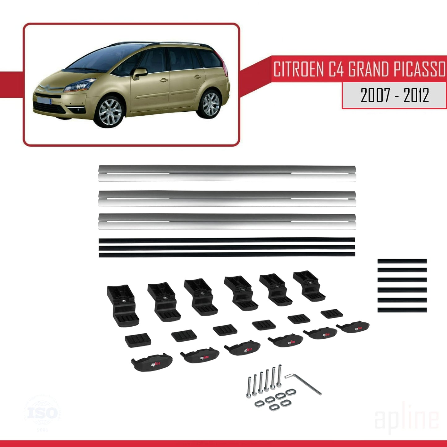 Kompatibel mit Citroen Grand C4 Picasso 2007-2012 Basismodell Dachgepäckträger, graues Aluminium, 3 Stangen