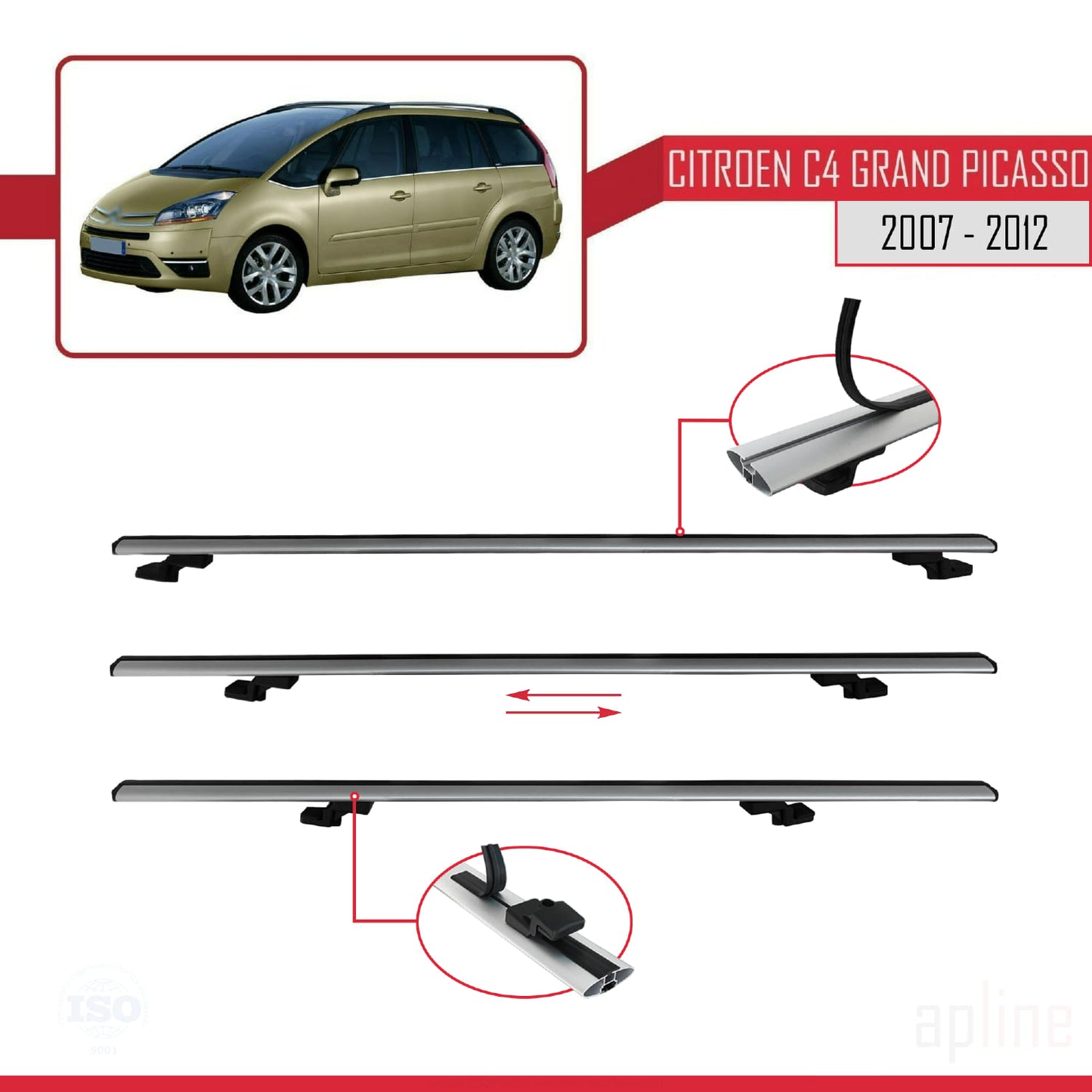 Kompatibel mit Citroen Grand C4 Picasso 2007-2012 Basismodell Dachgepäckträger, graues Aluminium, 2 Stangen