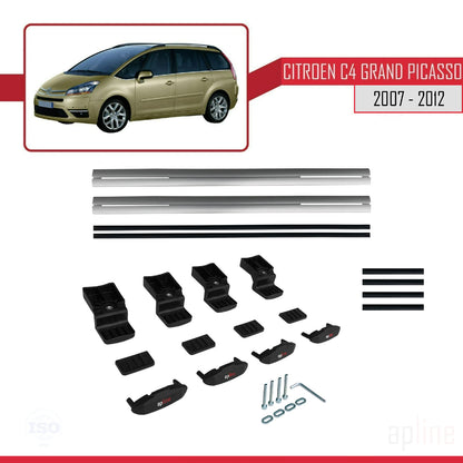 Kompatibel mit Citroen Grand C4 Picasso 2007-2012 Basismodell Dachgepäckträger, graues Aluminium, 2 Stangen