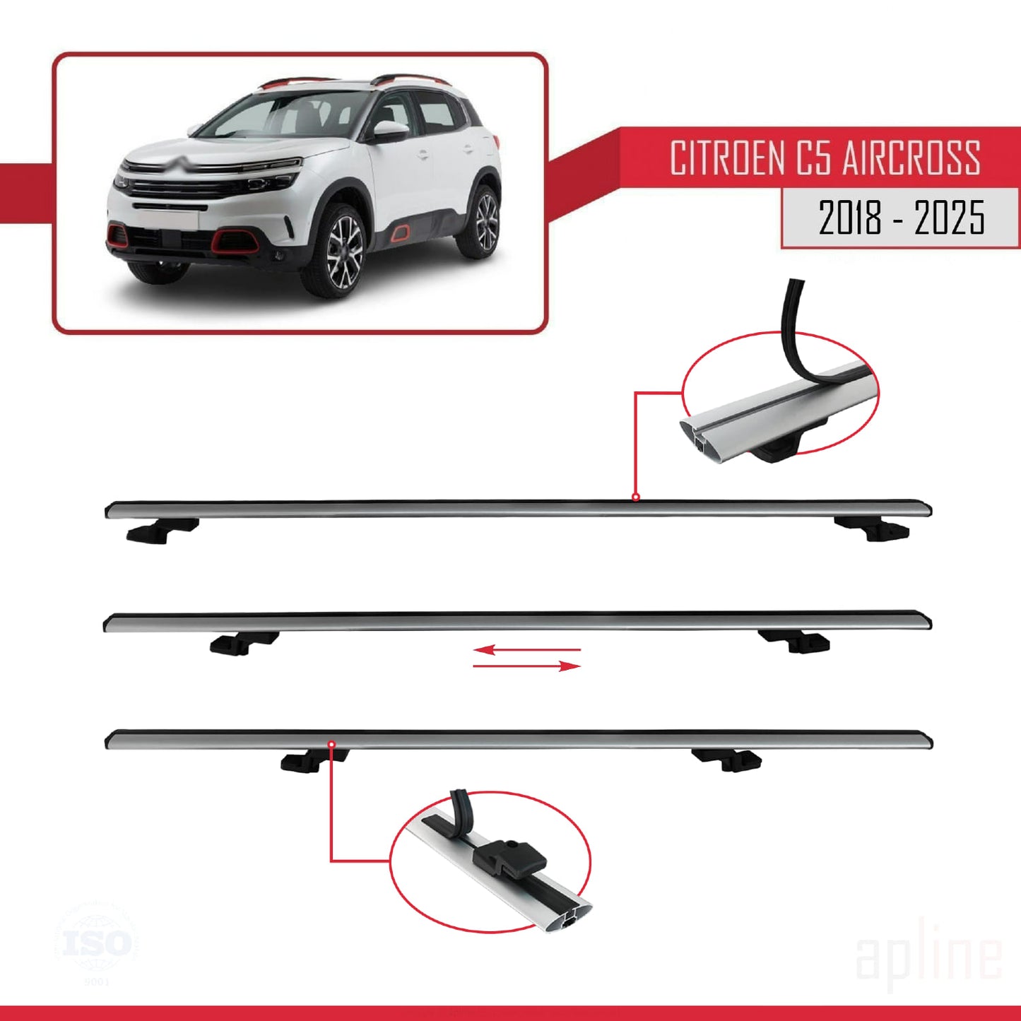 Compatible avec Citroen C5 Aircross 2018-2025 BASIC Model Barres de Toit Railing Porte-Bagages de Voiture Gris Aluminium 3 Barres